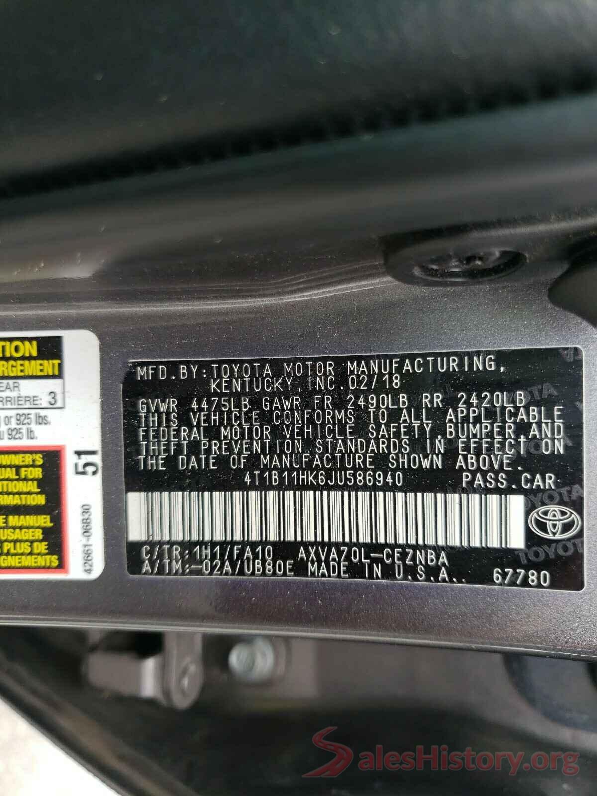 4T1B11HK6JU586940 2018 TOYOTA CAMRY