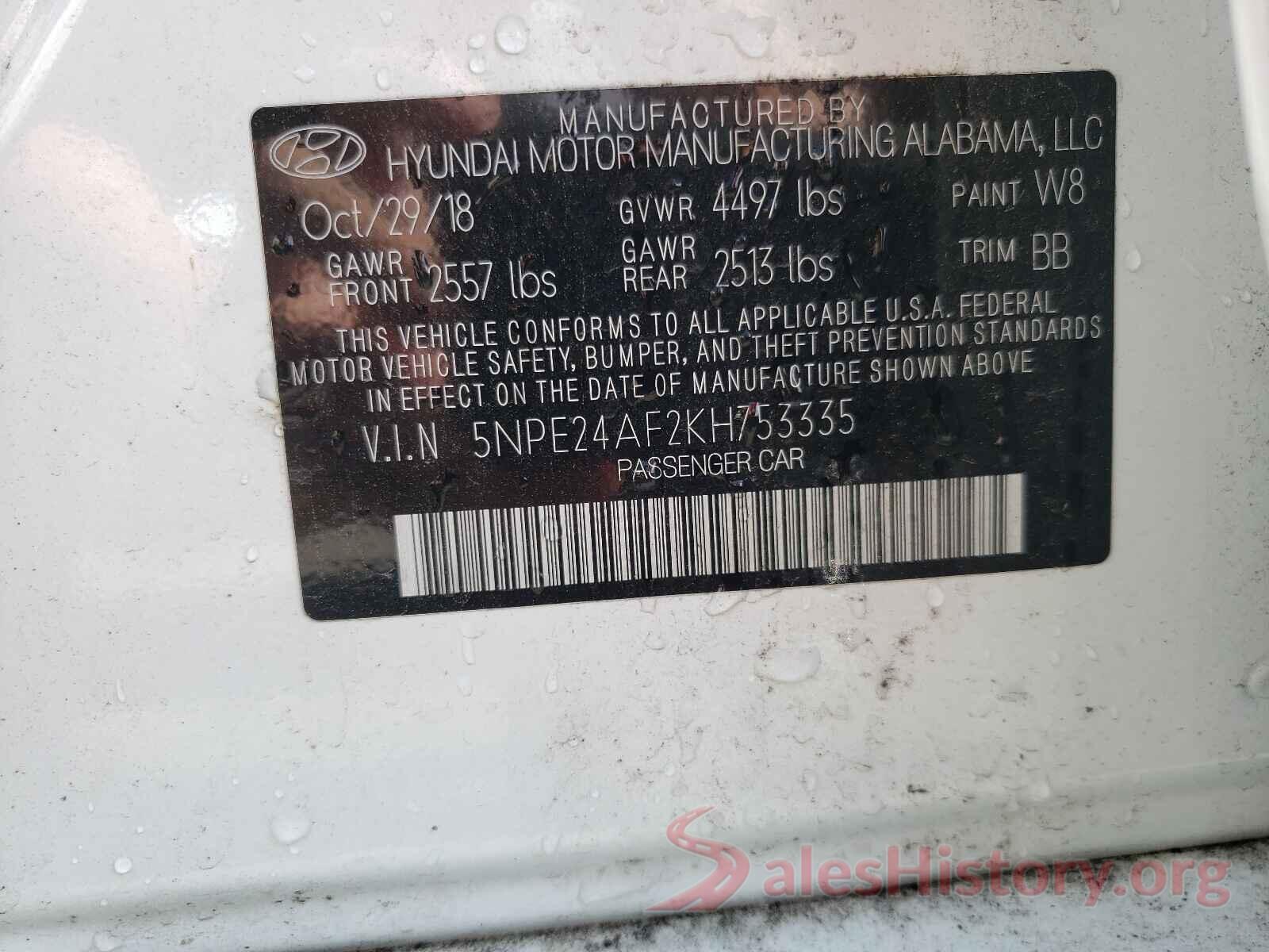 5NPE24AF2KH753335 2019 HYUNDAI SONATA