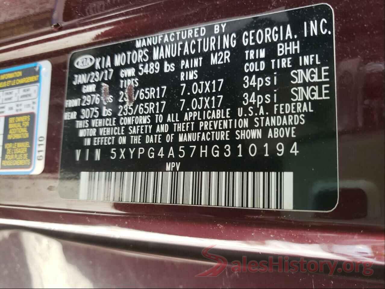 5XYPG4A57HG310194 2017 KIA SORENTO