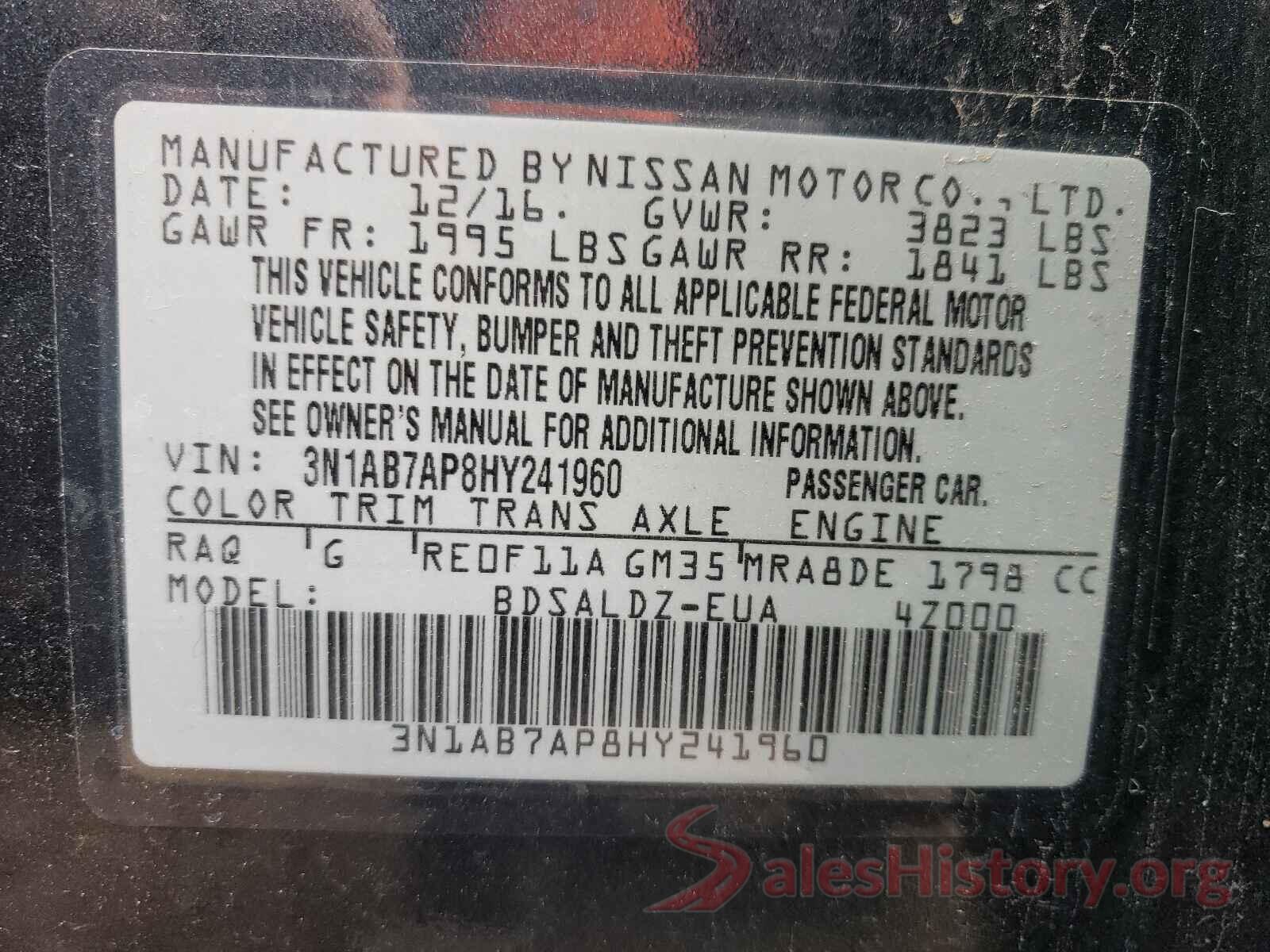 3N1AB7AP8HY241960 2017 NISSAN SENTRA