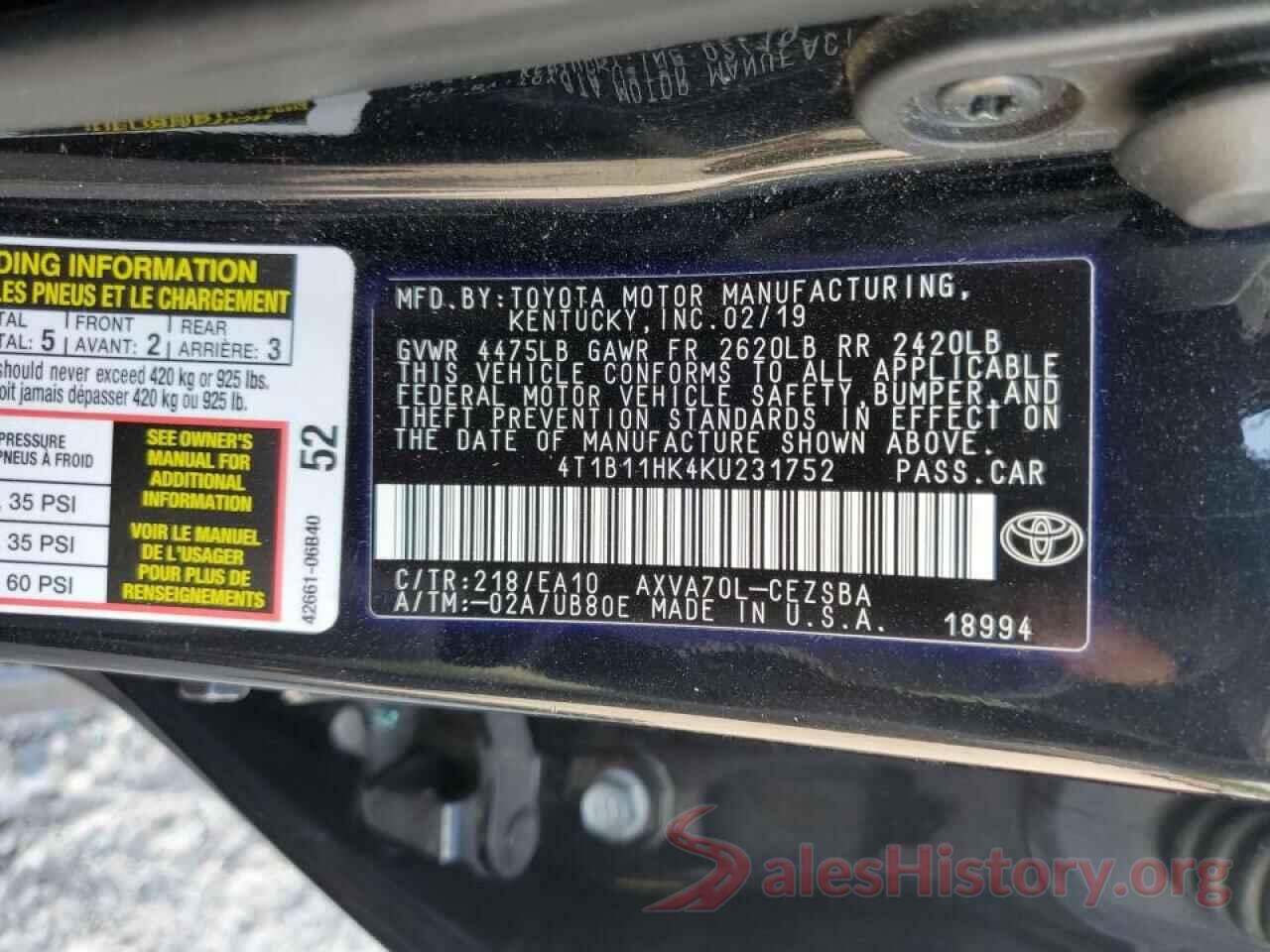 4T1B11HK4KU231752 2019 TOYOTA CAMRY