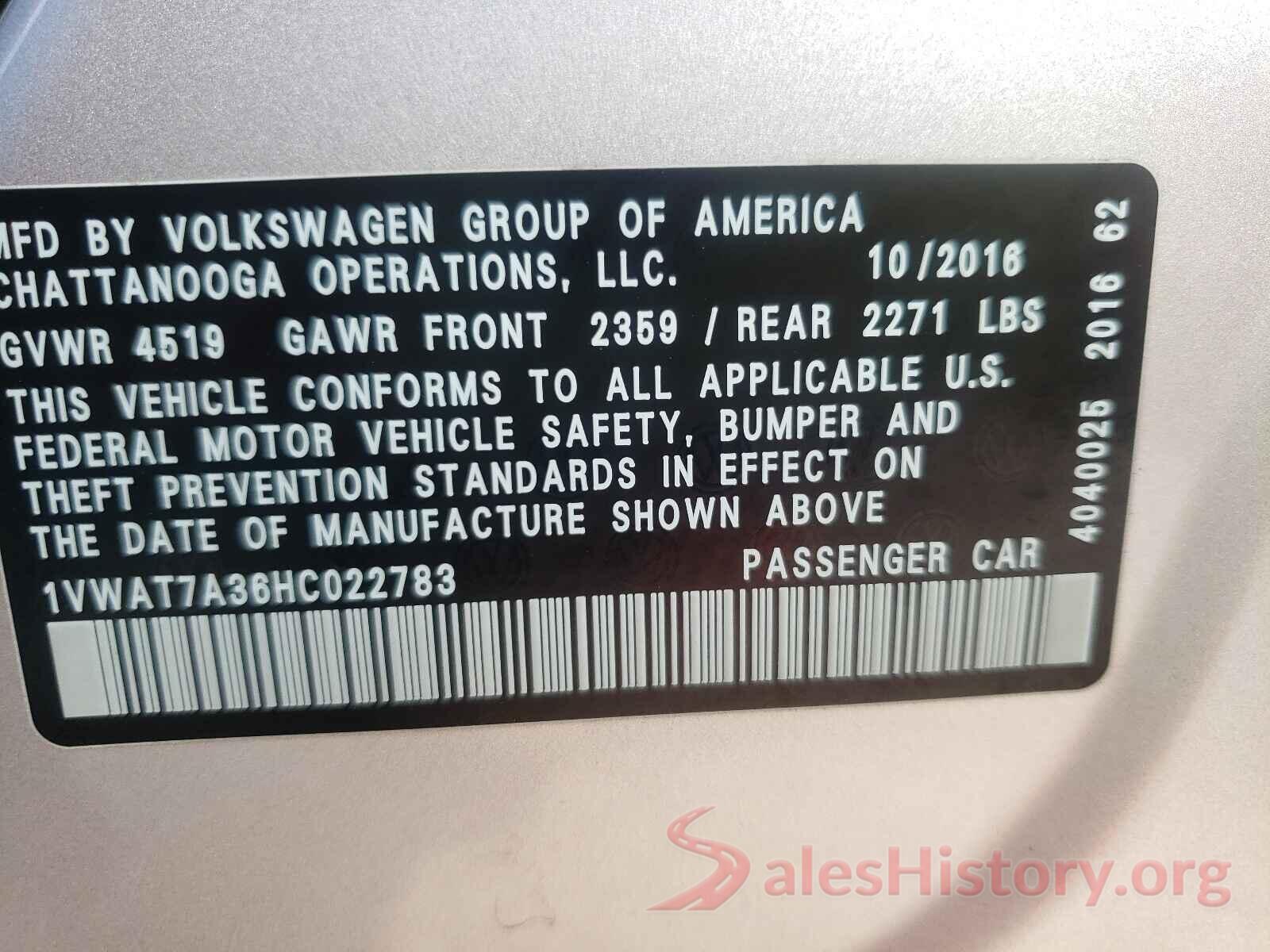 1VWAT7A36HC022783 2017 VOLKSWAGEN PASSAT