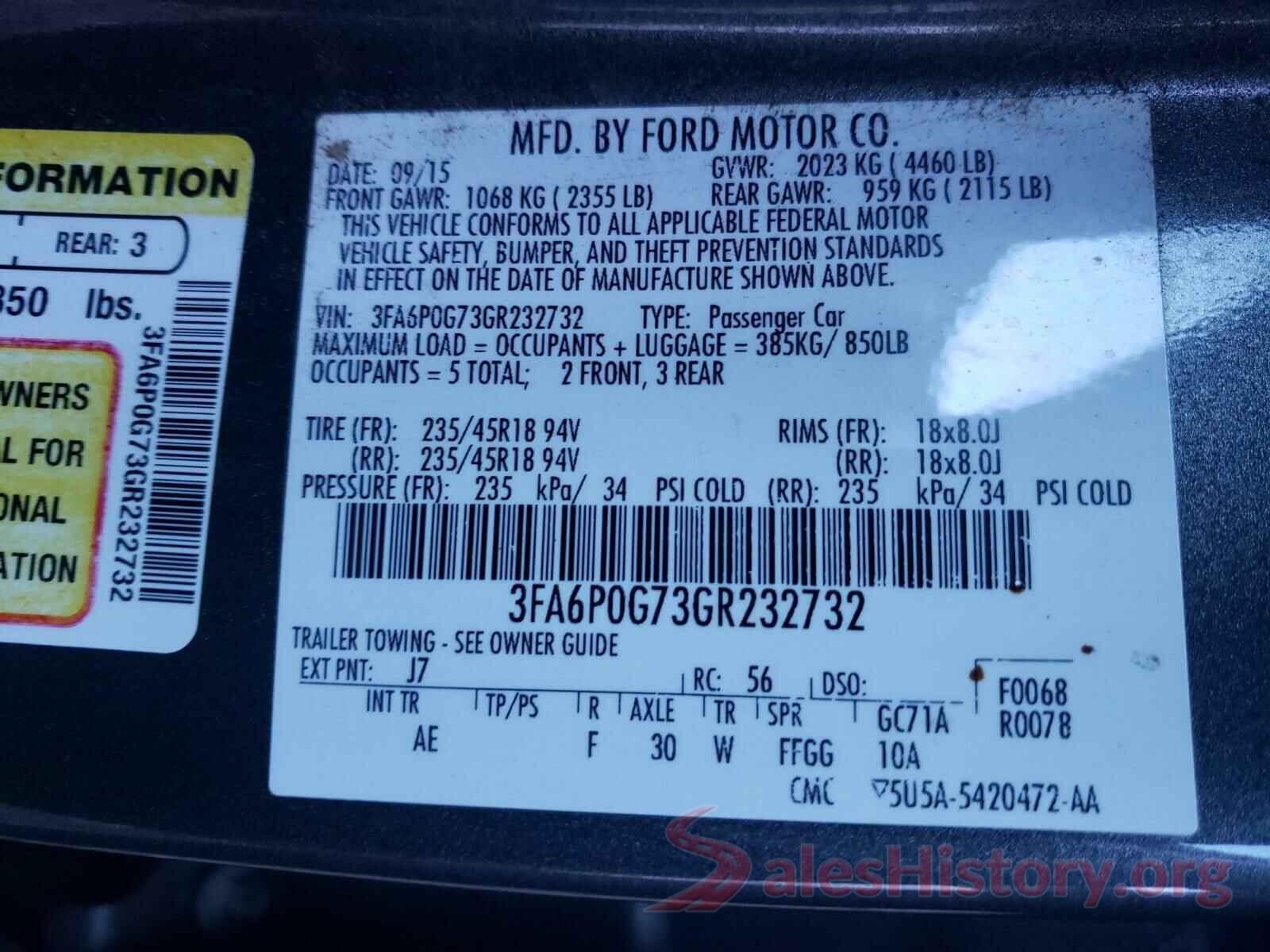 3FA6P0G73GR232732 2016 FORD FUSION