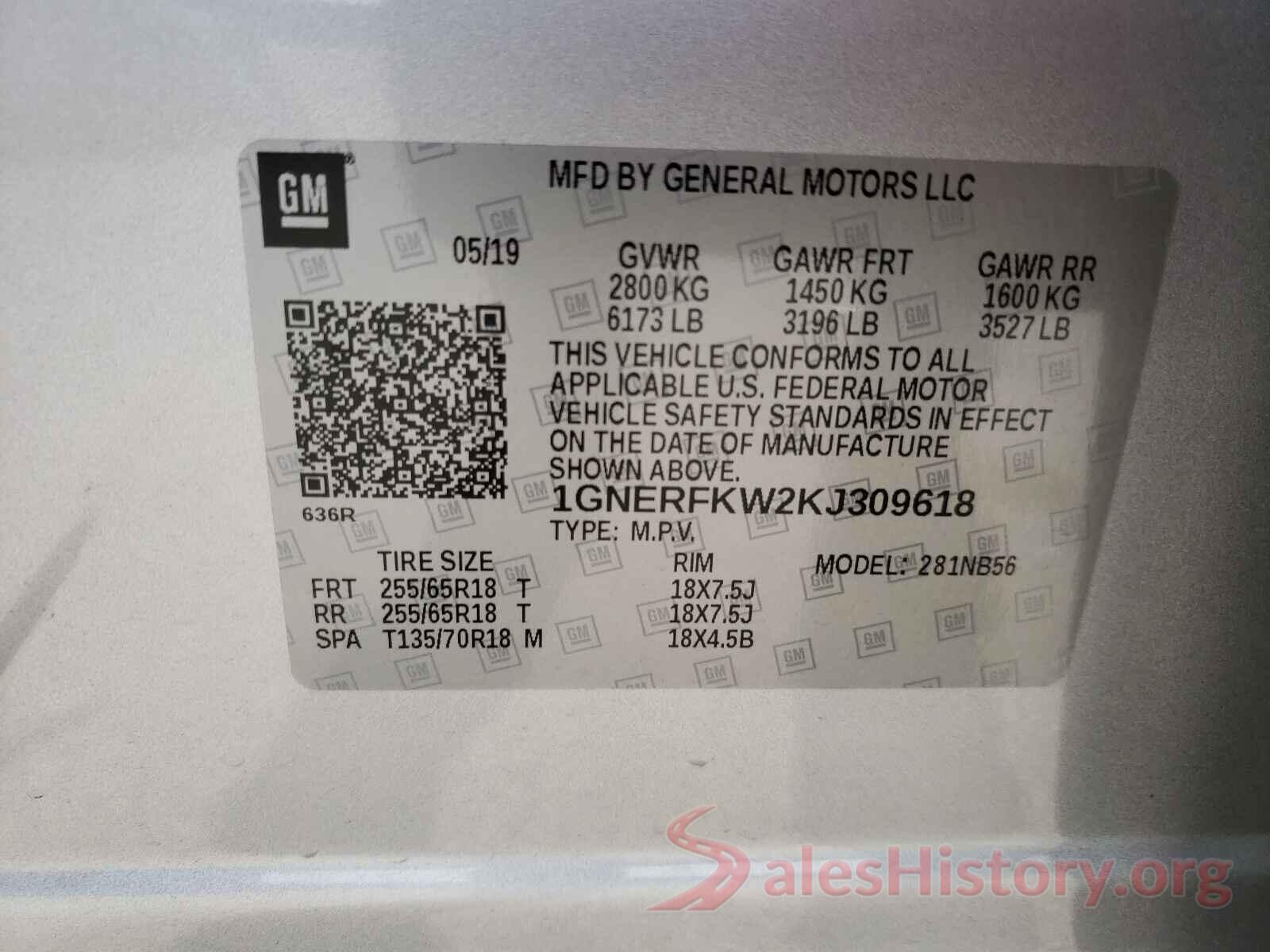 1GNERFKW2KJ309618 2019 CHEVROLET TRAVERSE