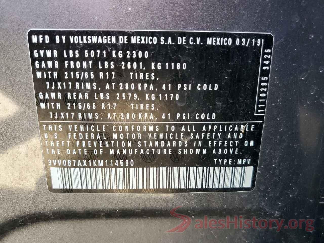 3VV0B7AX1KM114590 2019 VOLKSWAGEN TIGUAN