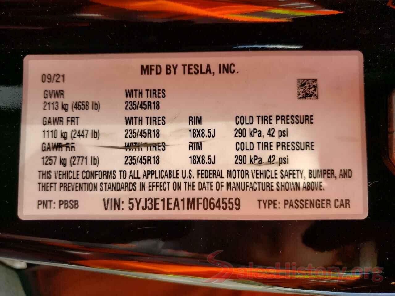 5YJ3E1EA1MF064559 2021 TESLA MODEL 3