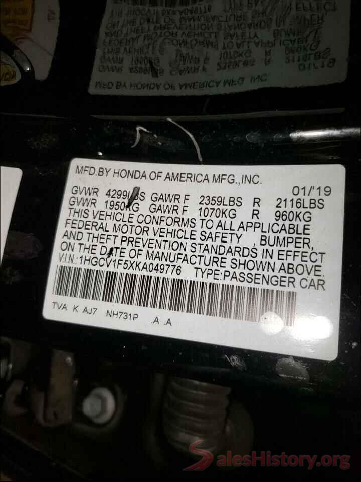 1HGCV1F5XKA049776 2019 HONDA ACCORD