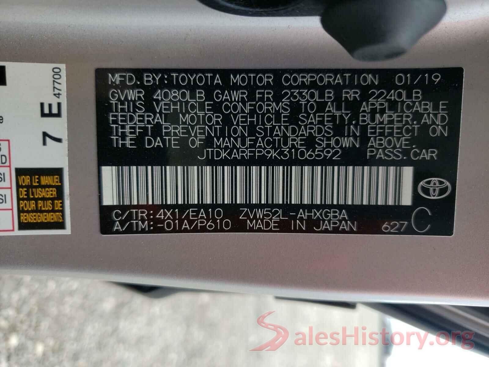 JTDKARFP9K3106592 2019 TOYOTA PRIUS