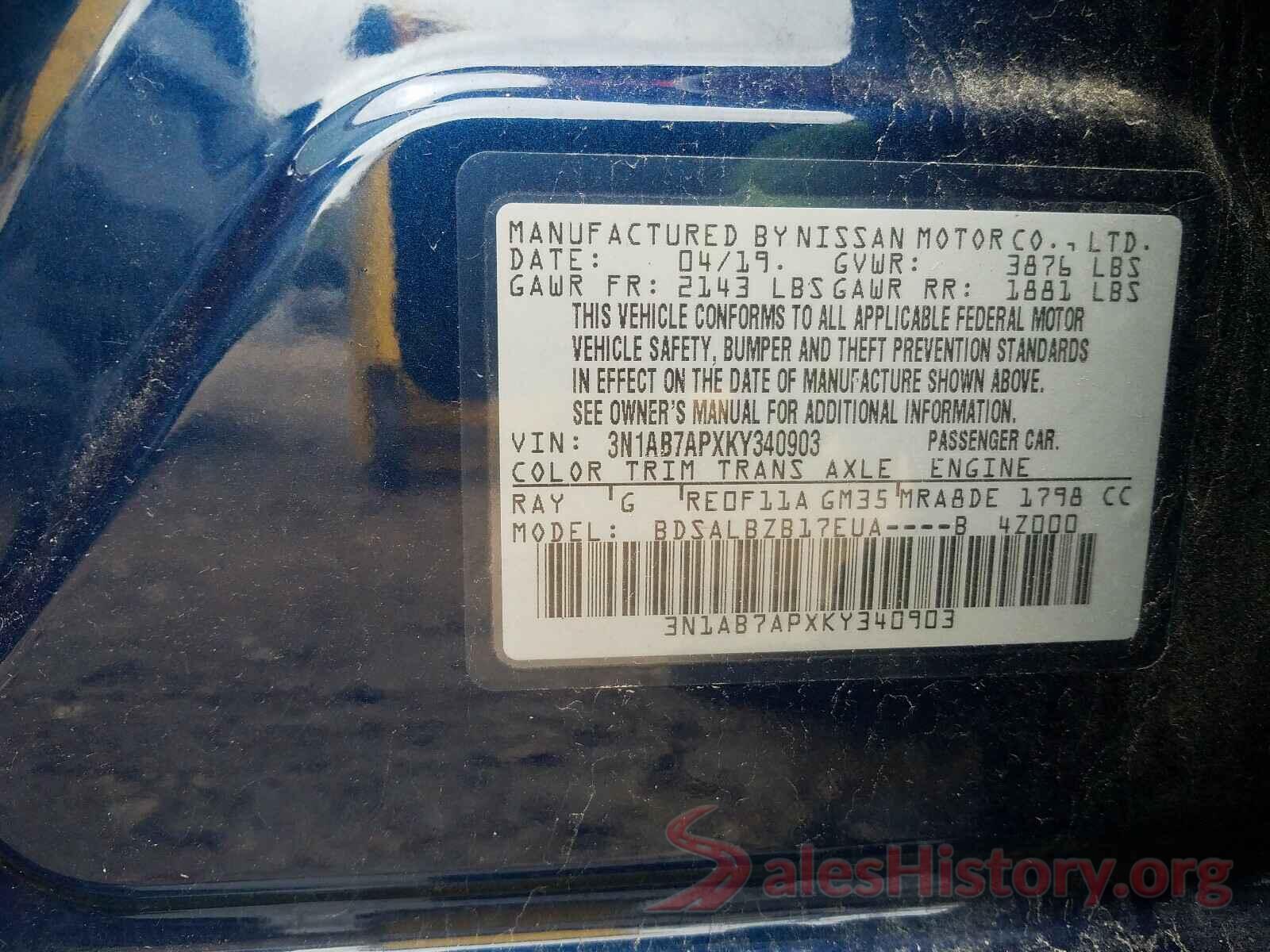 3N1AB7APXKY340903 2019 NISSAN SENTRA