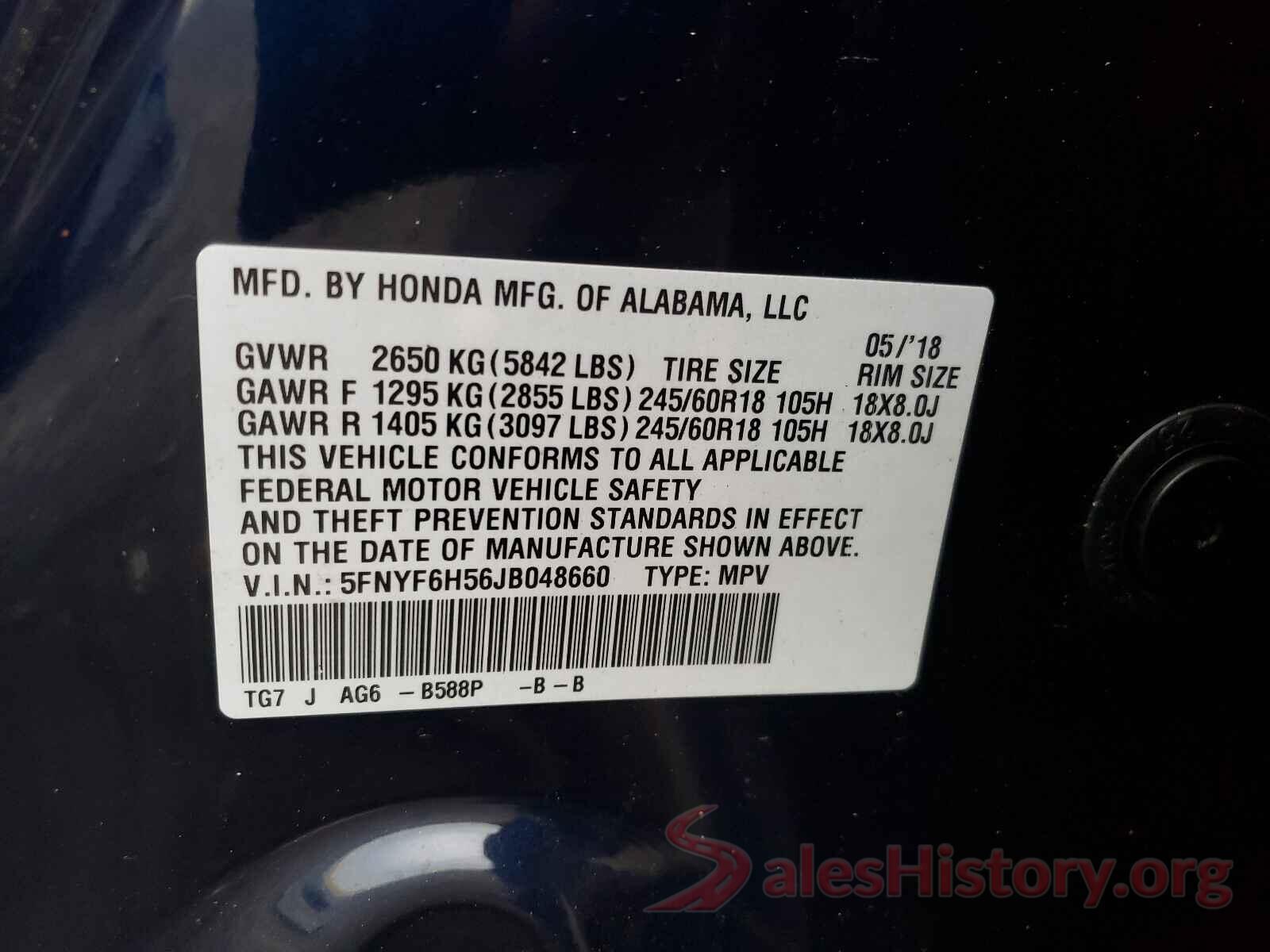 5FNYF6H56JB048660 2018 HONDA PILOT