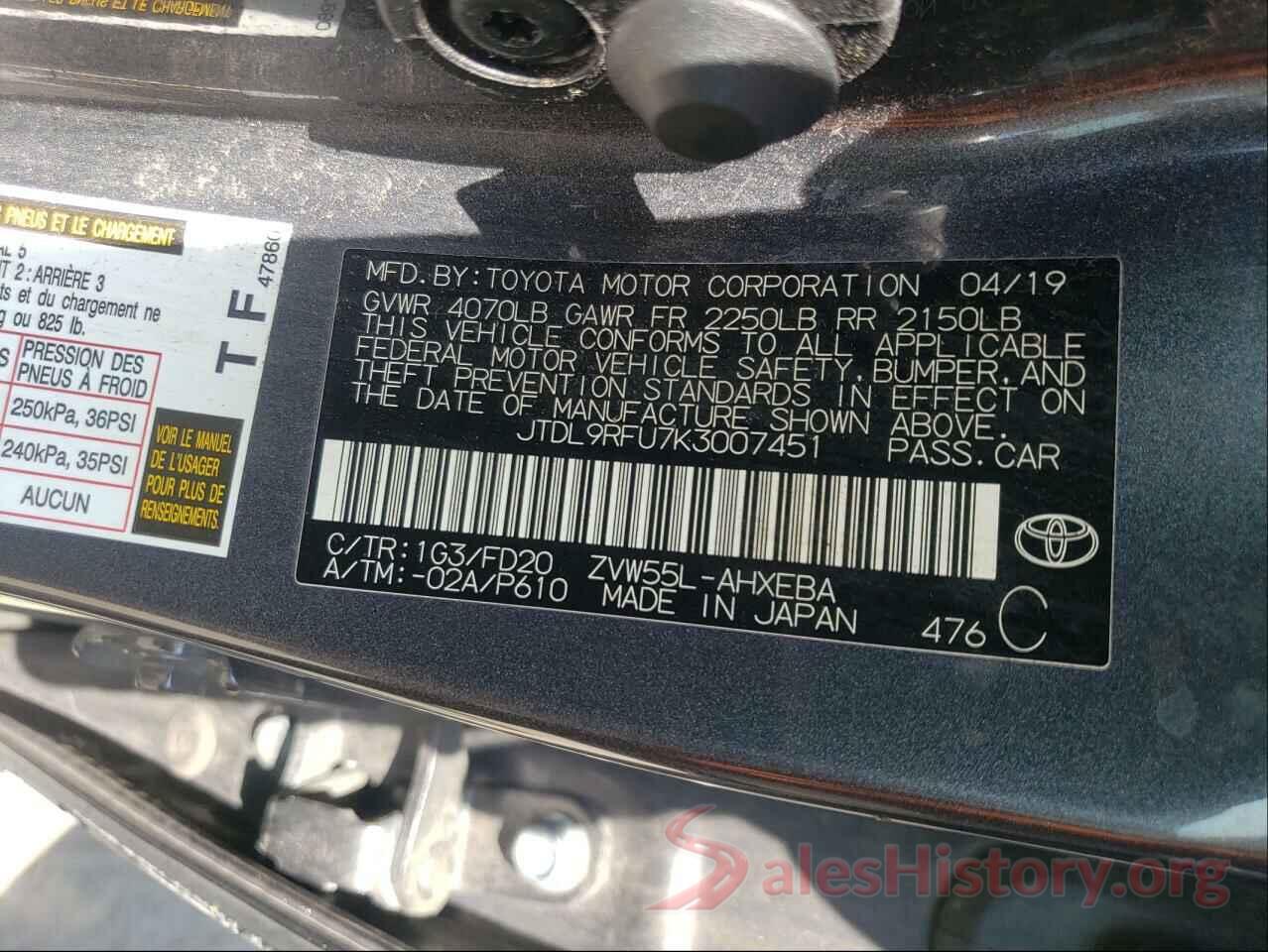 JTDL9RFU7K3007451 2019 TOYOTA PRIUS