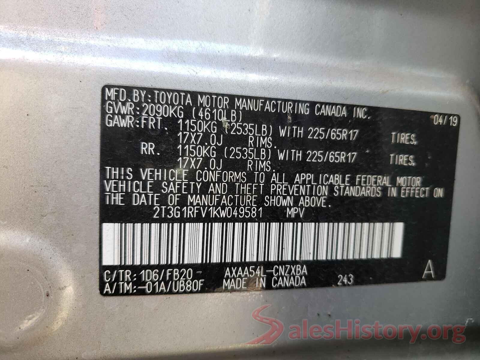 2T3G1RFV1KW049581 2019 TOYOTA RAV4