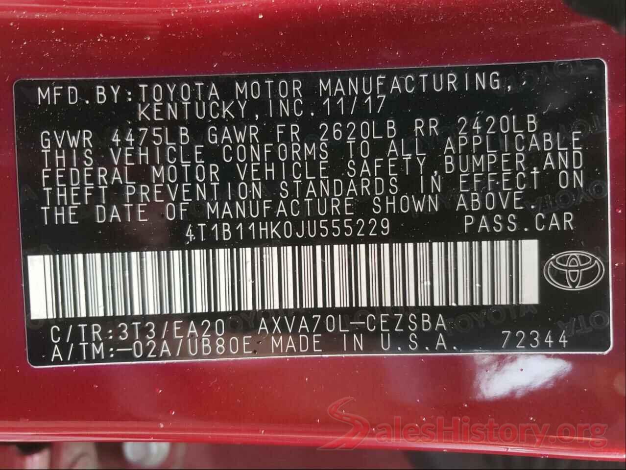 4T1B11HK0JU555229 2018 TOYOTA CAMRY