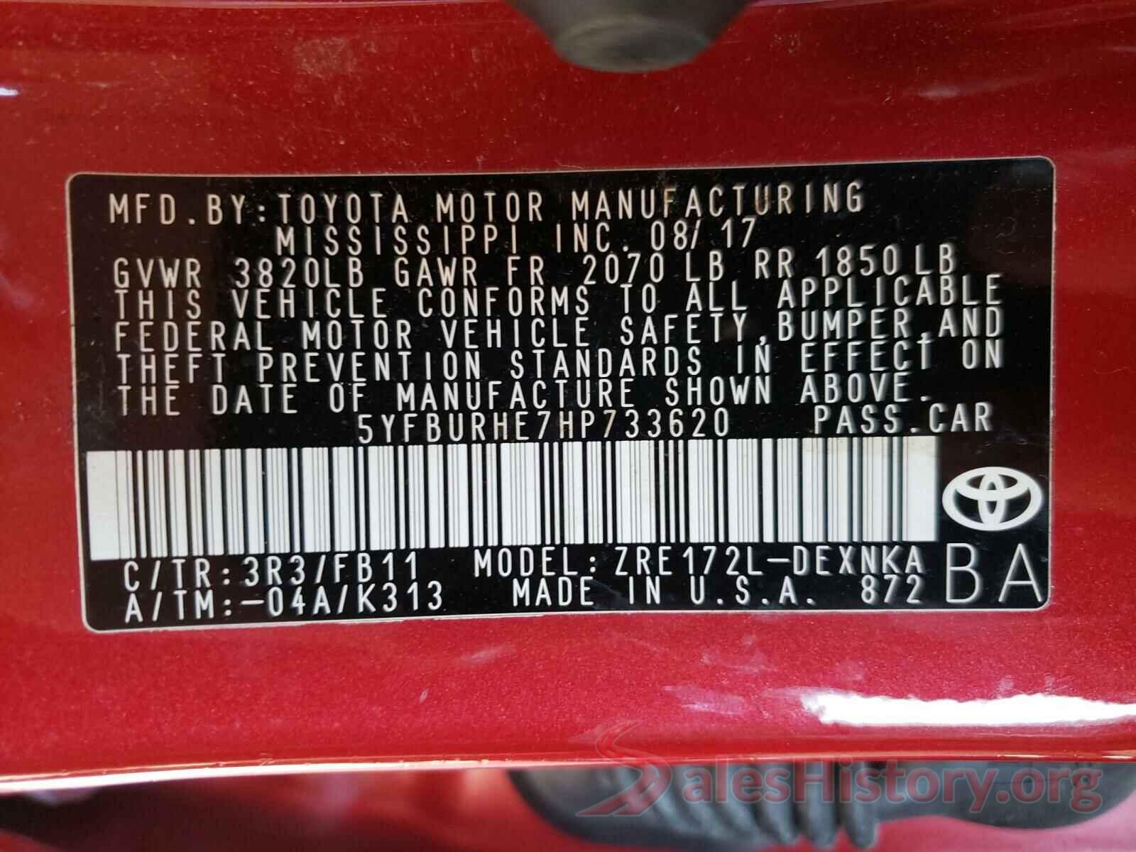 5YFBURHE7HP733620 2017 TOYOTA COROLLA