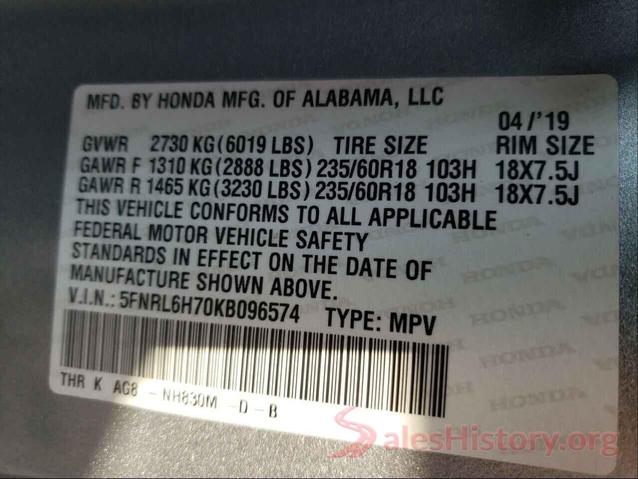 5FNRL6H70KB096574 2019 HONDA ODYSSEY