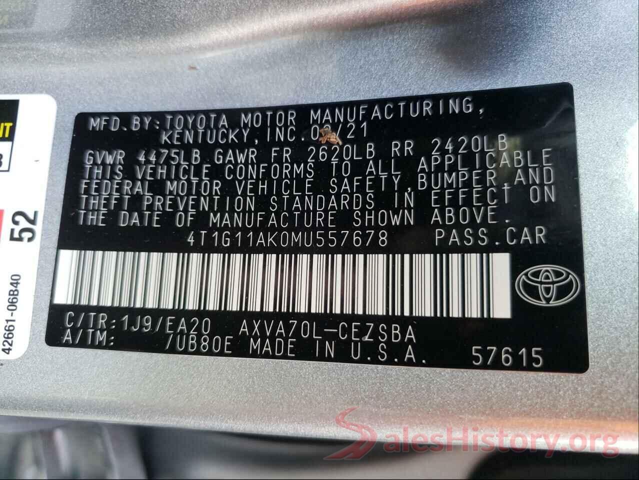 4T1G11AK0MU557678 2021 TOYOTA CAMRY