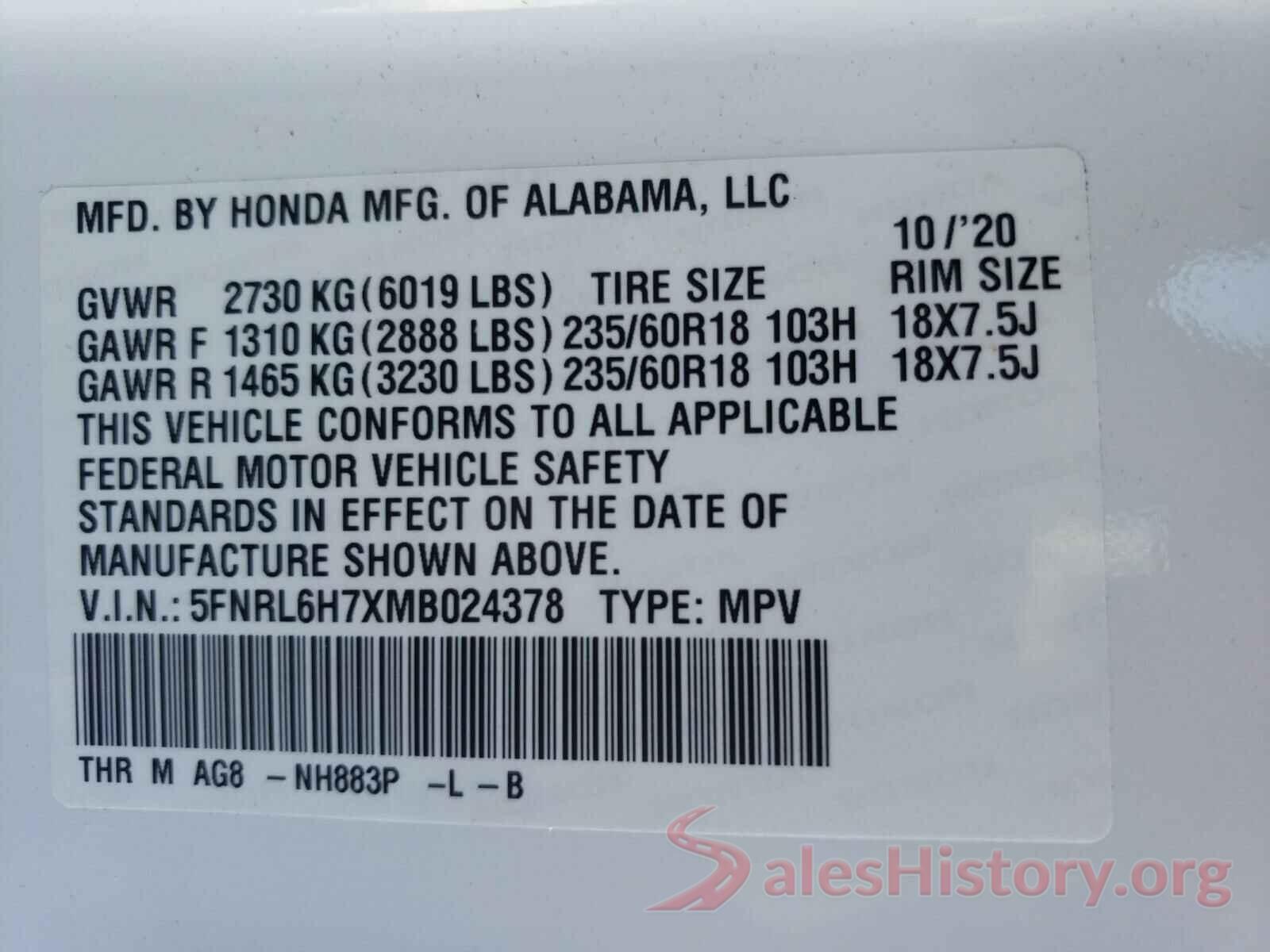 5FNRL6H7XMB024378 2021 HONDA ODYSSEY