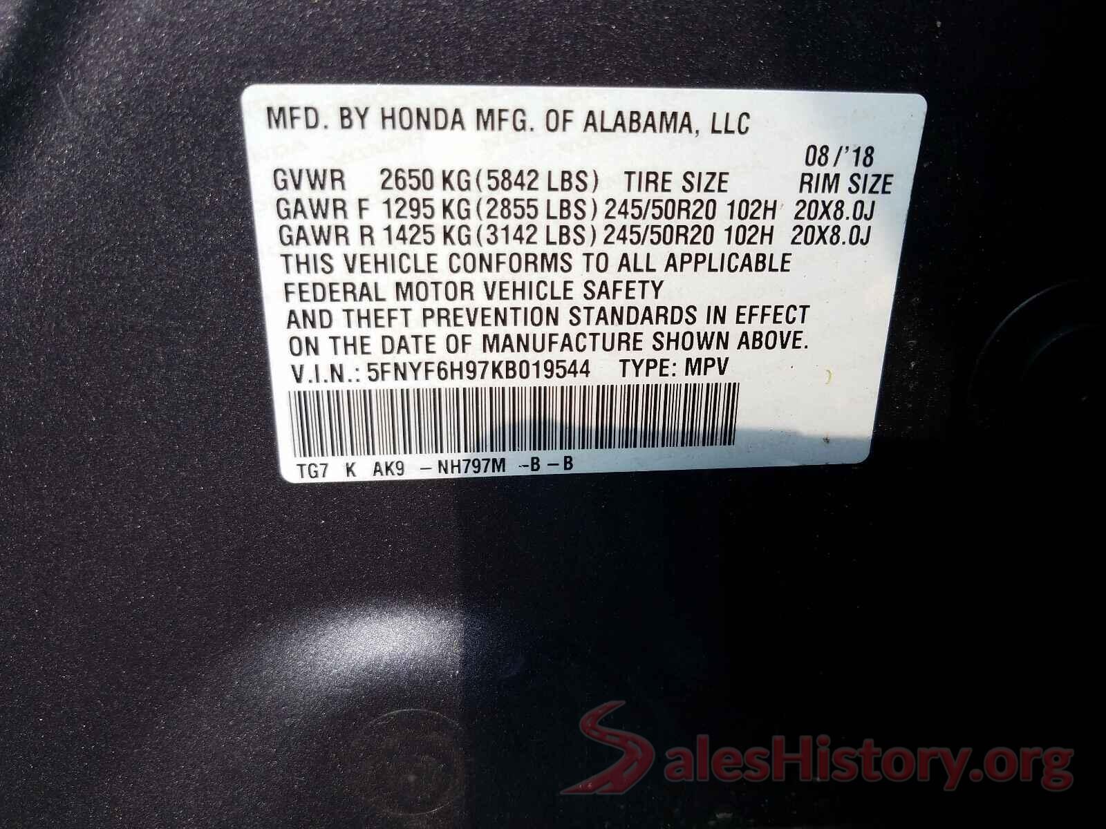 5FNYF6H97KB019544 2019 HONDA PILOT