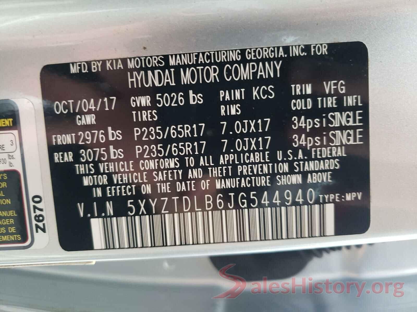 5XYZTDLB6JG544940 2018 HYUNDAI SANTA FE