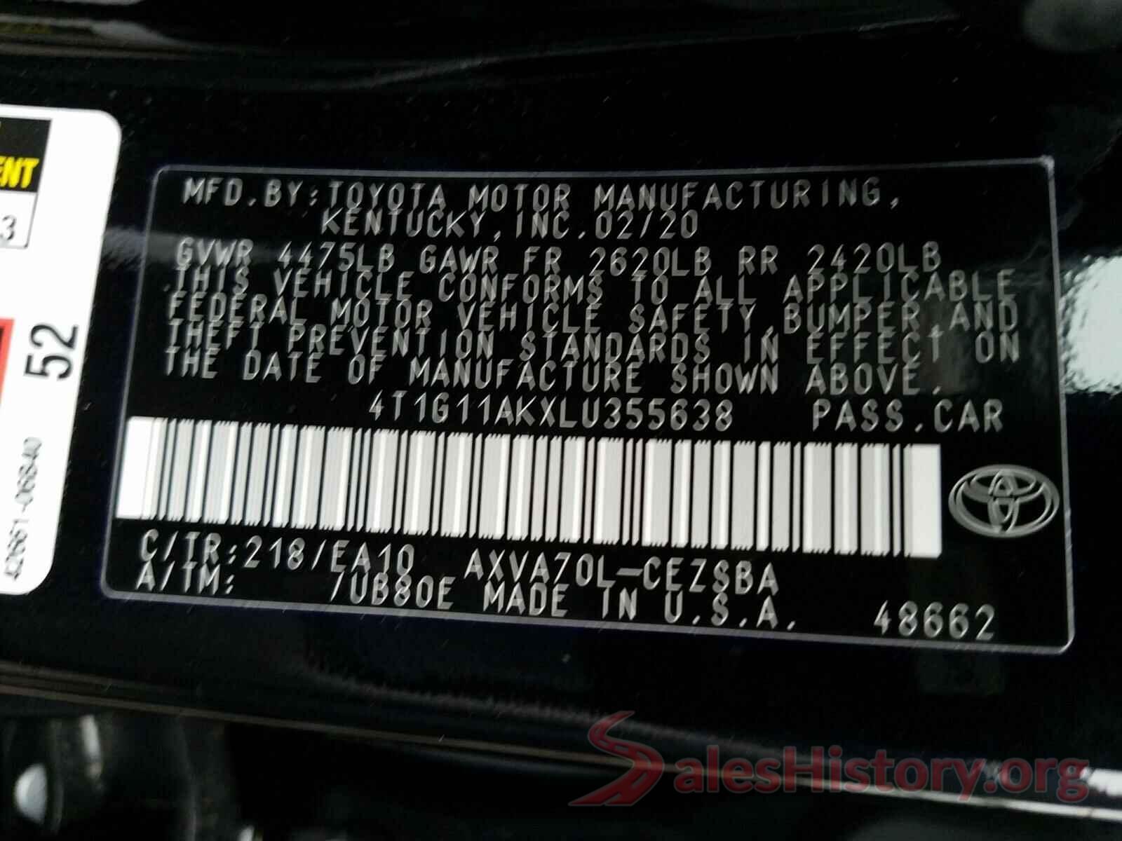 4T1G11AKXLU355638 2020 TOYOTA CAMRY