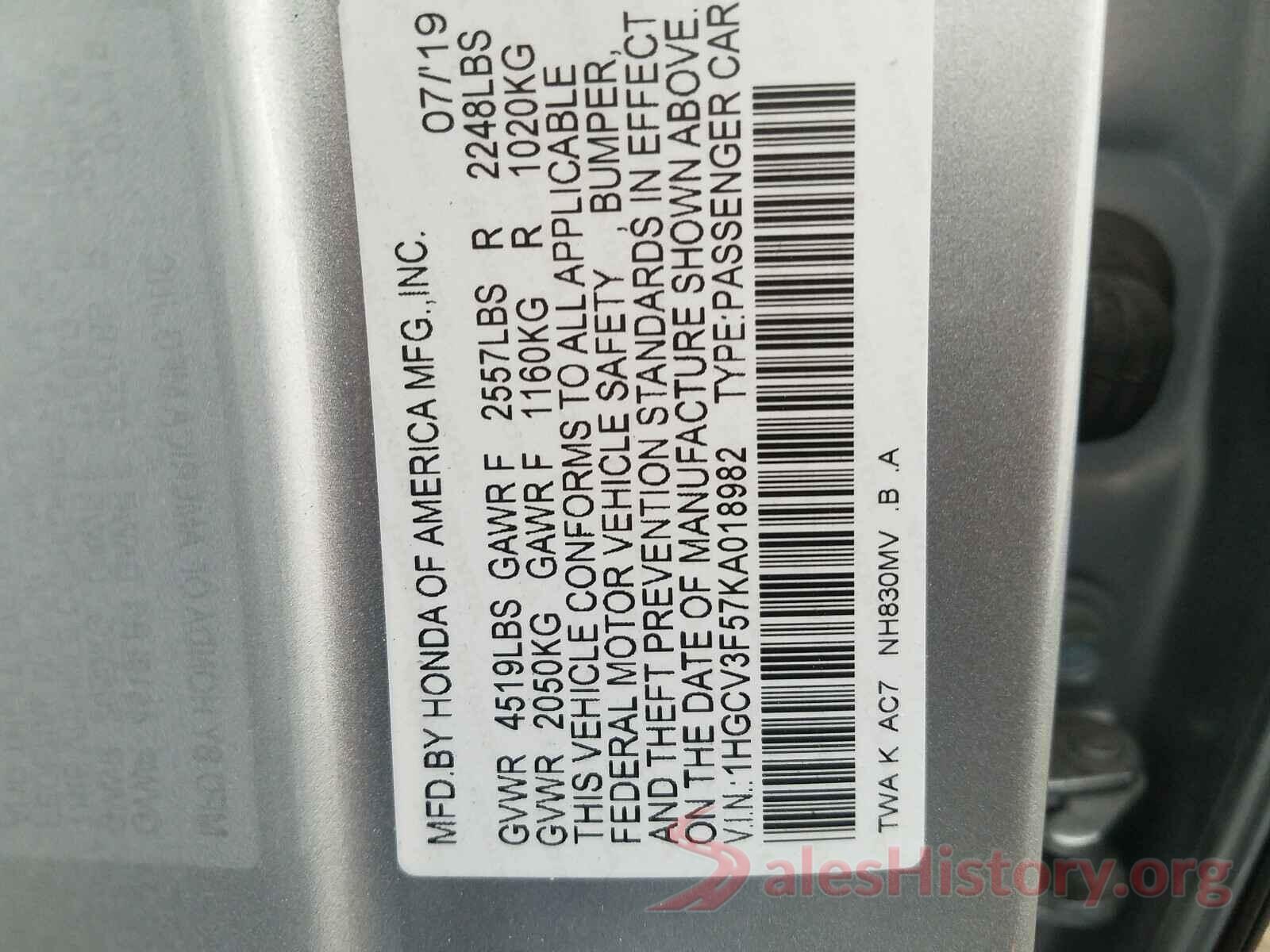 1HGCV3F57KA018982 2019 HONDA ACCORD