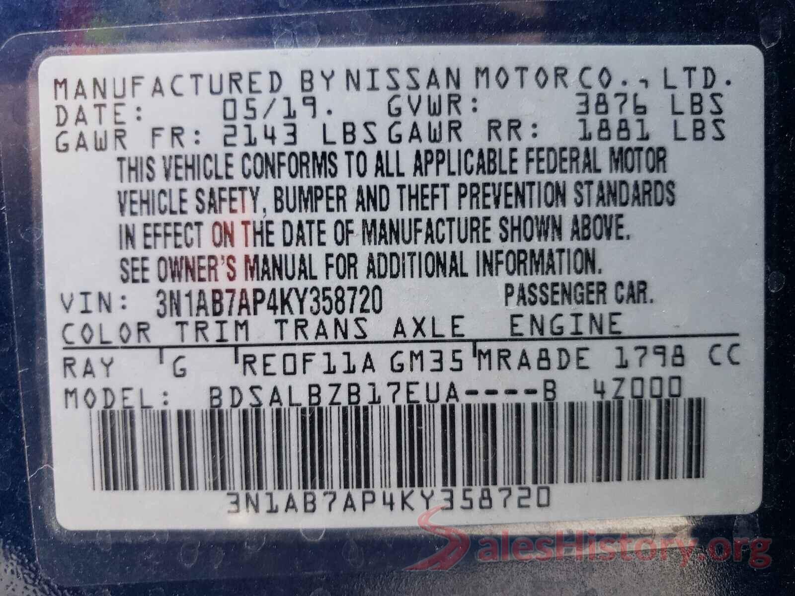 3N1AB7AP4KY358720 2019 NISSAN SENTRA