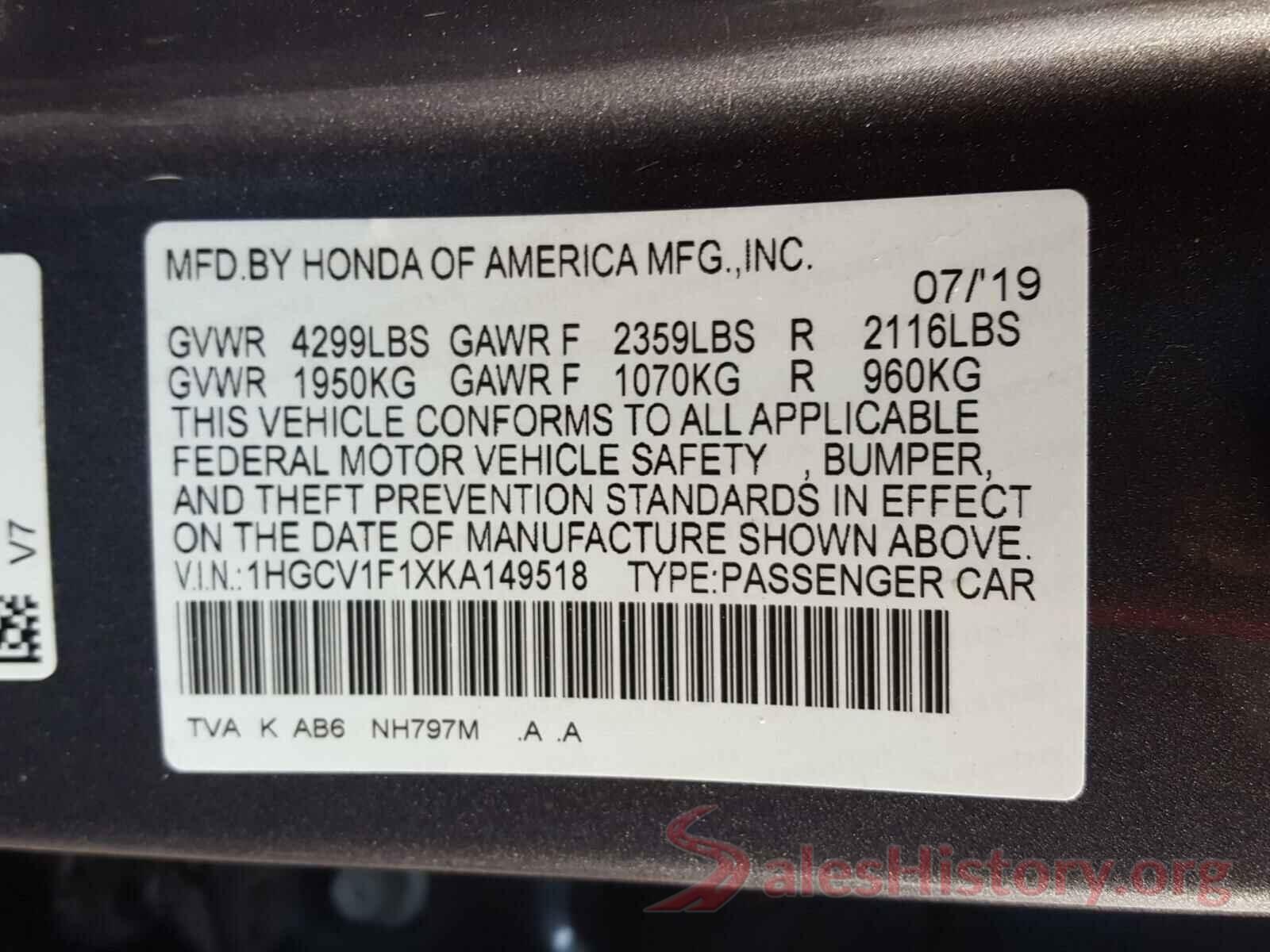 1HGCV1F1XKA149518 2019 HONDA ACCORD