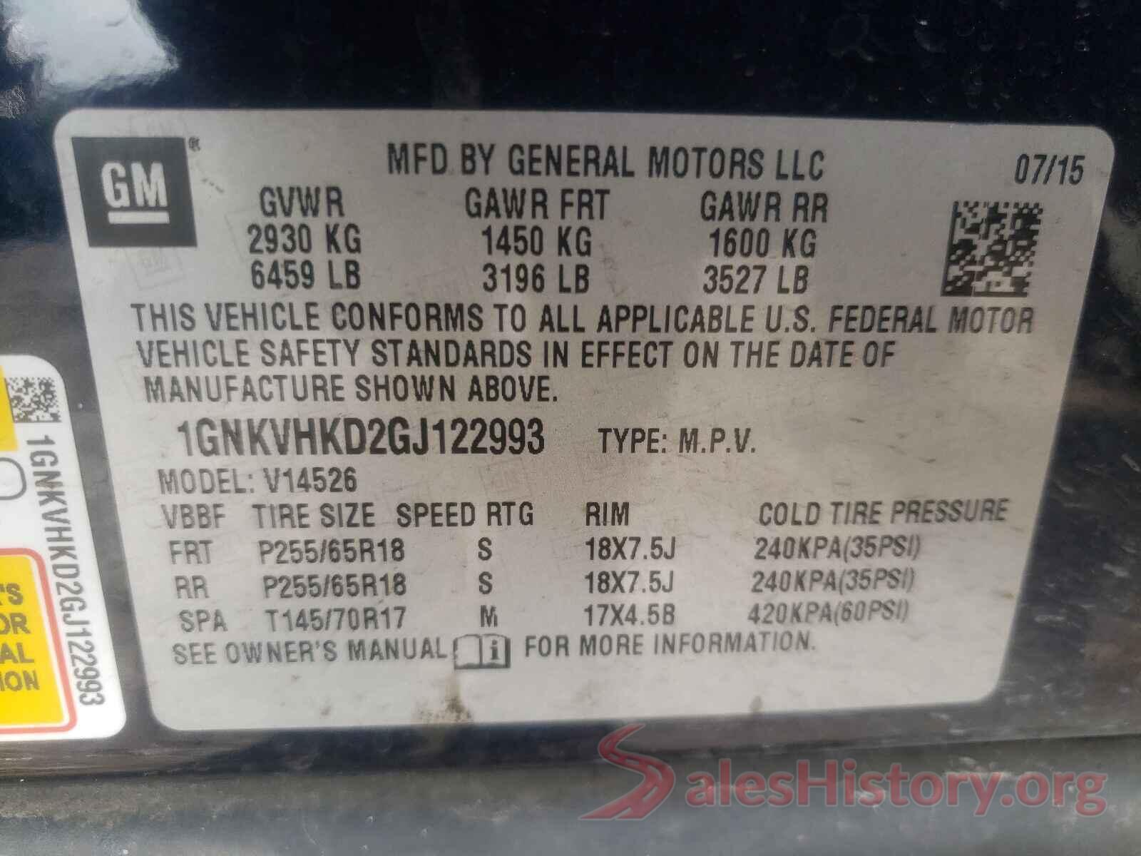 1GNKVHKD2GJ122993 2016 CHEVROLET TRAVERSE