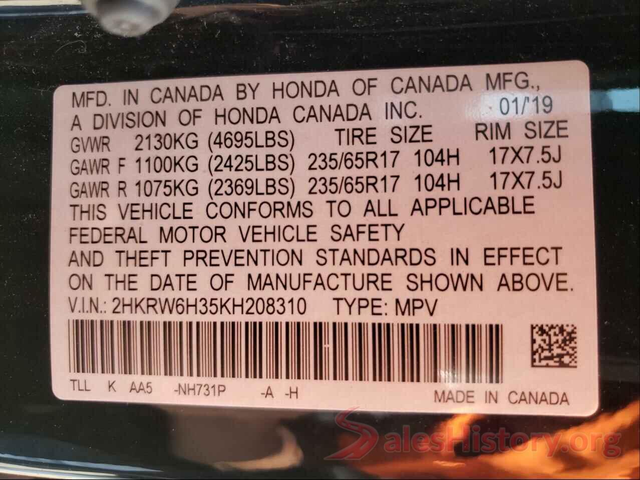 2HKRW6H35KH208310 2019 HONDA CRV