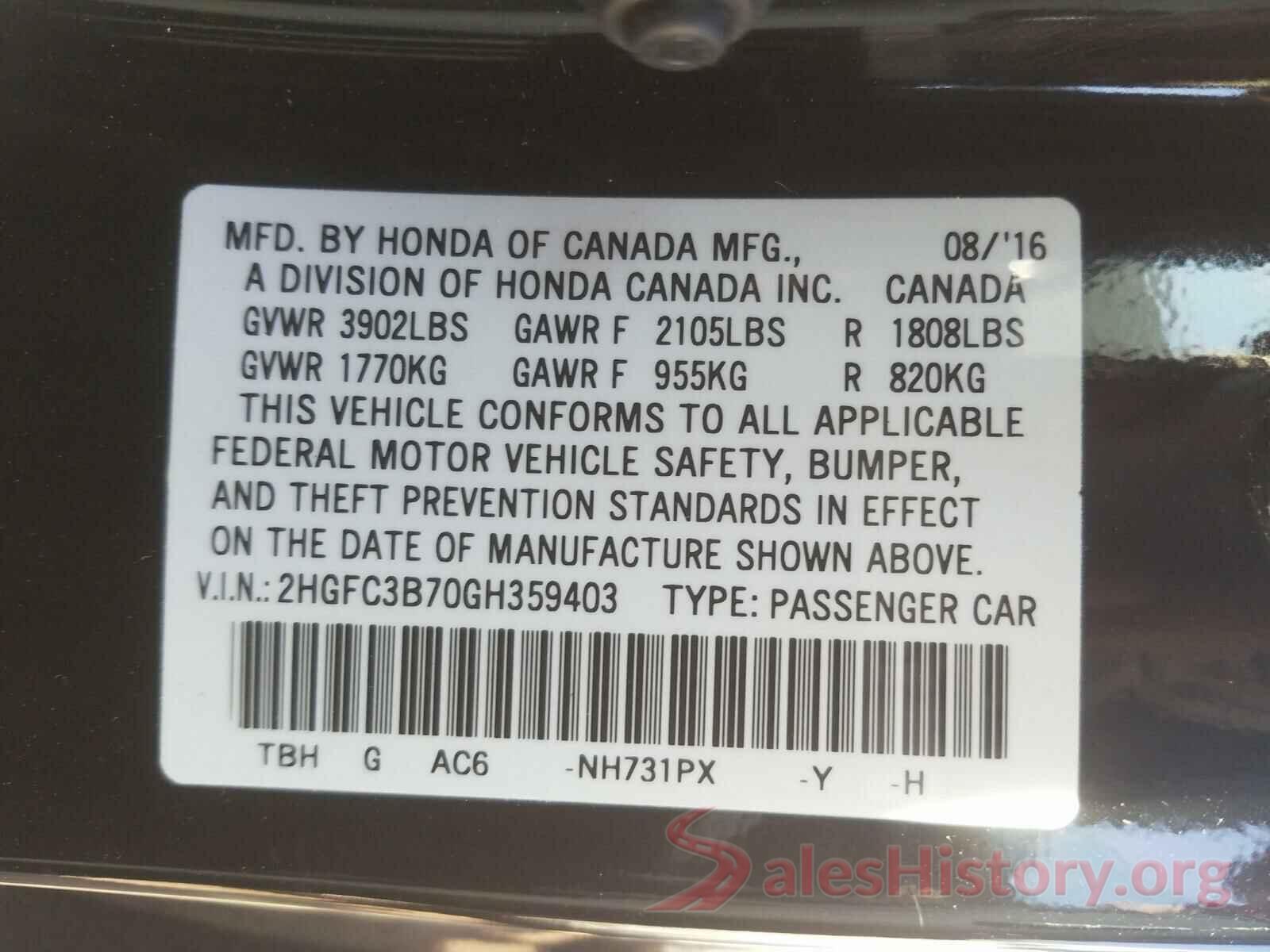 2HGFC3B70GH359403 2016 HONDA CIVIC