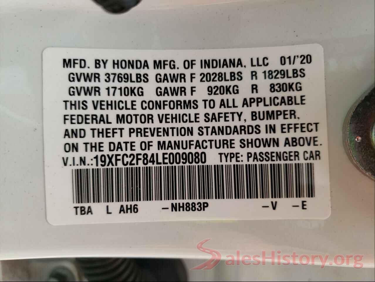 19XFC2F84LE009080 2020 HONDA CIVIC