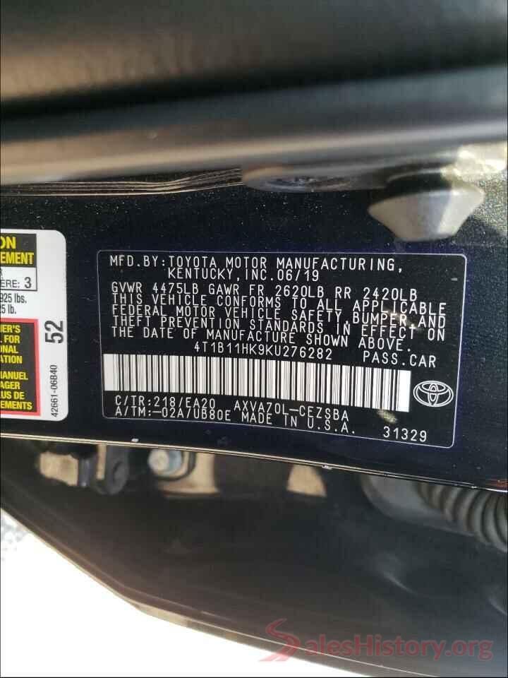 4T1B11HK9KU276282 2019 TOYOTA CAMRY