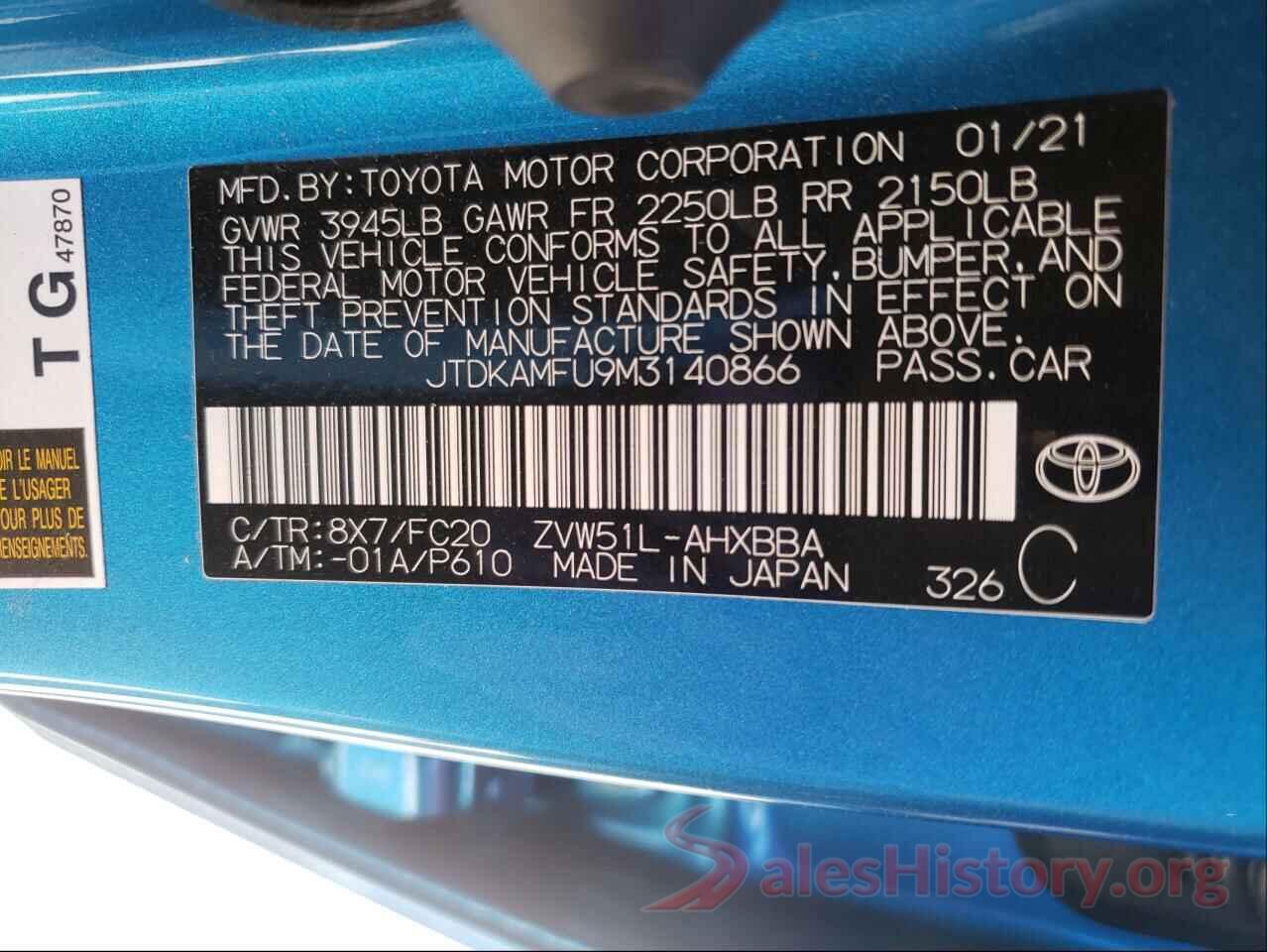 JTDKAMFU9M3140866 2021 TOYOTA PRIUS