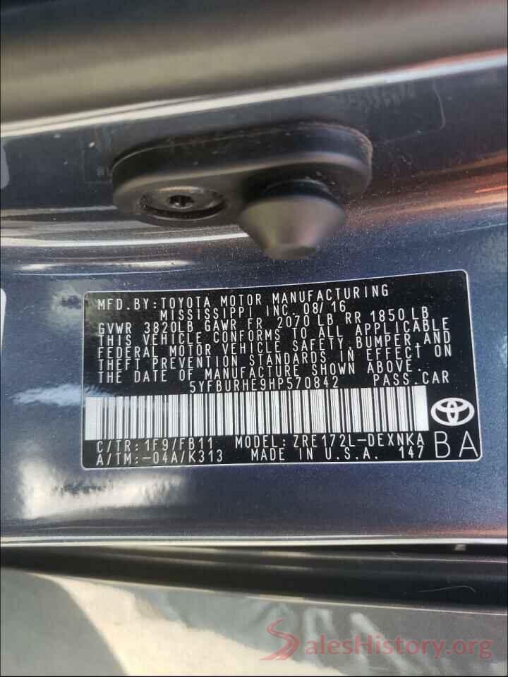 5YFBURHE9HP570842 2017 TOYOTA COROLLA