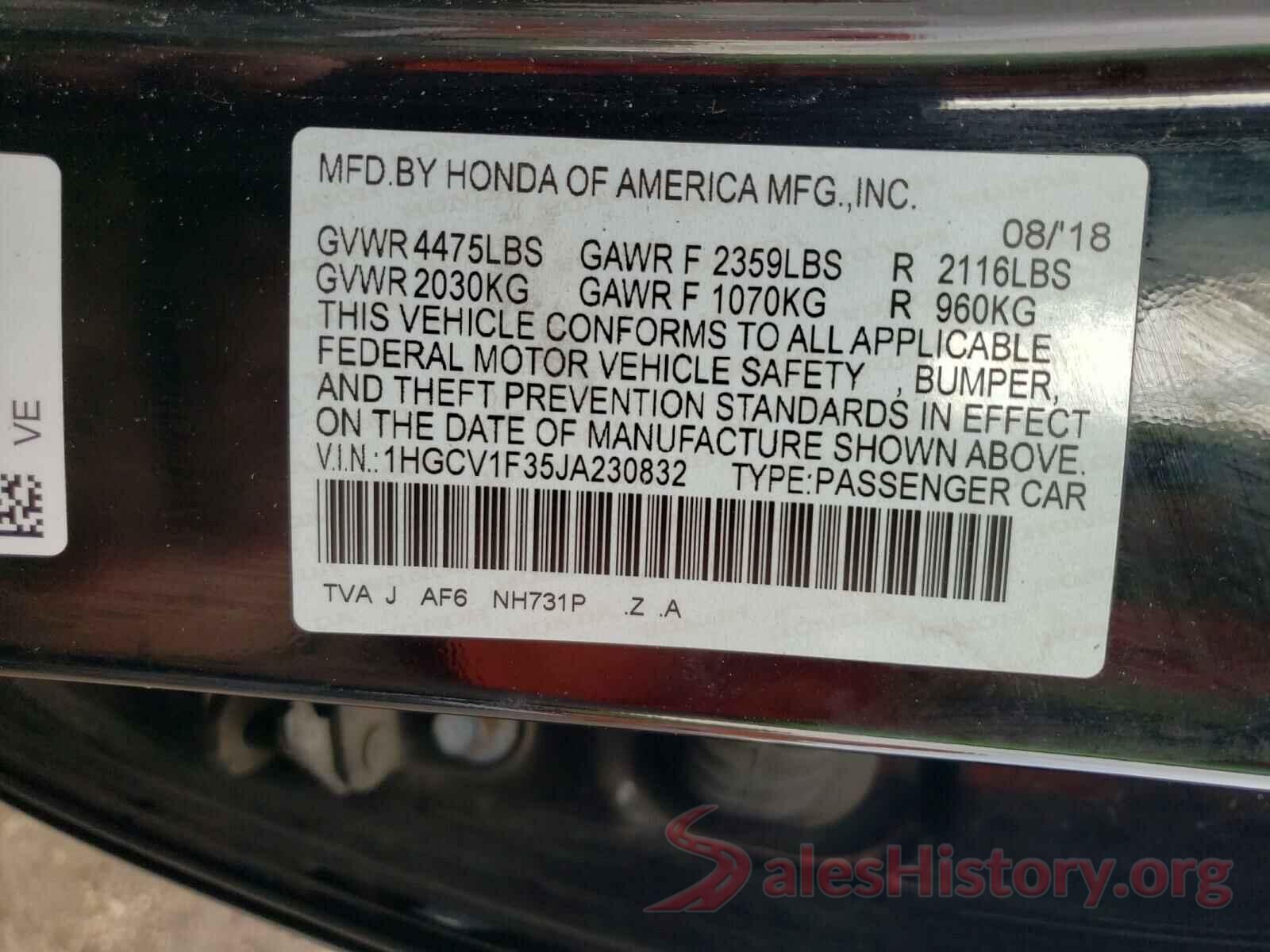 1HGCV1F35JA230832 2018 HONDA ACCORD