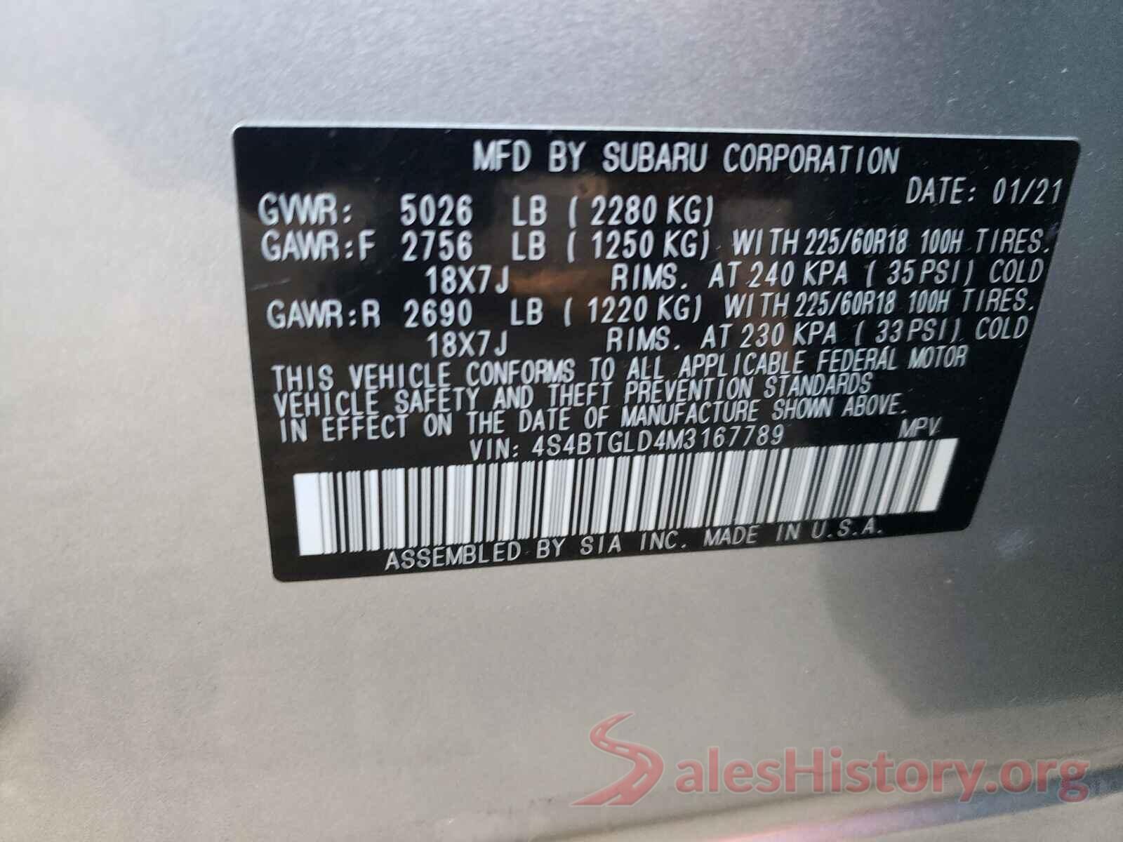 4S4BTGLD4M3167789 2021 SUBARU OUTBACK