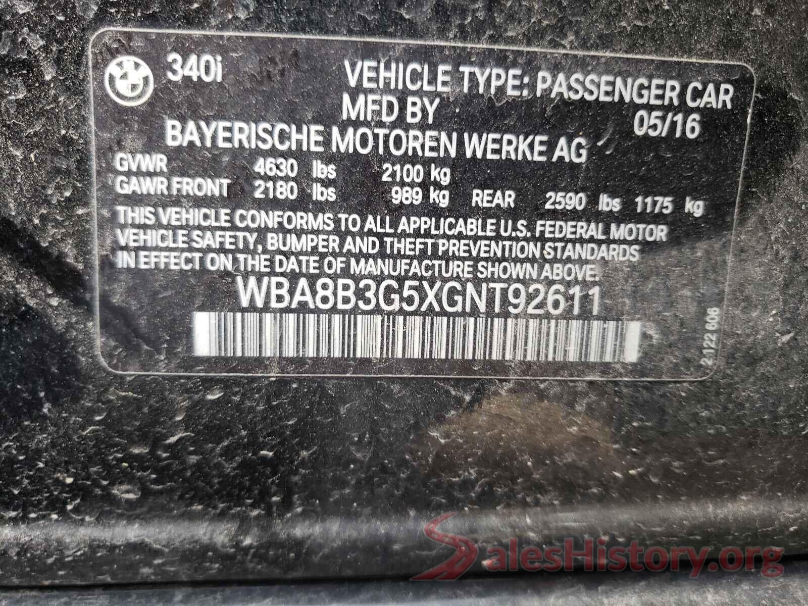 WBA8B3G5XGNT92611 2016 BMW 3 SERIES