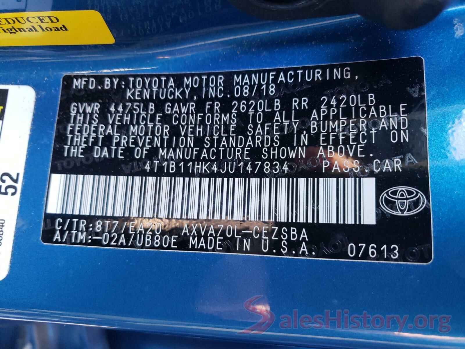 4T1B11HK4JU147834 2018 TOYOTA CAMRY