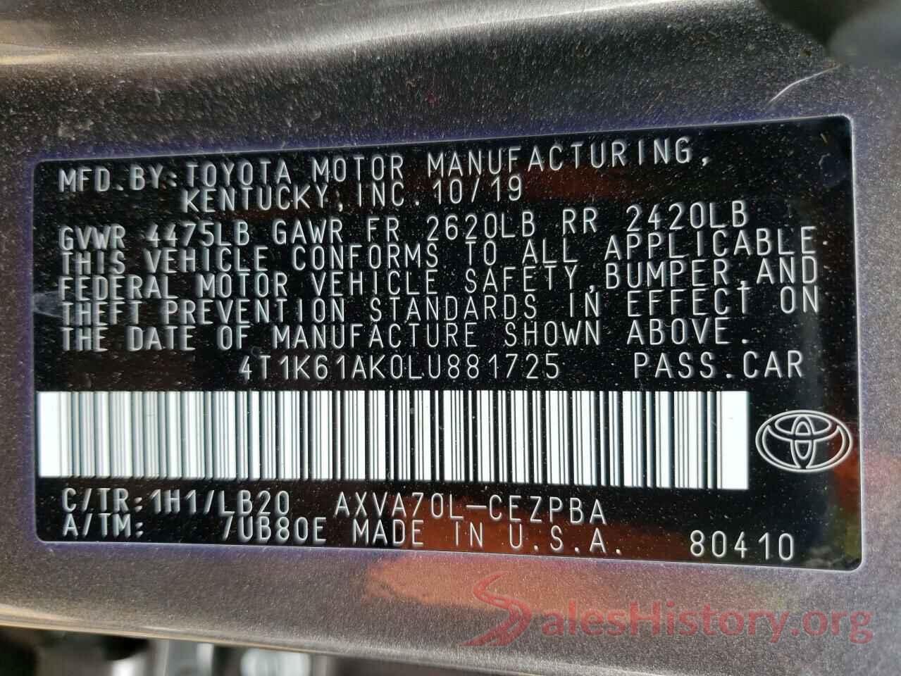 4T1K61AK0LU881725 2020 TOYOTA CAMRY