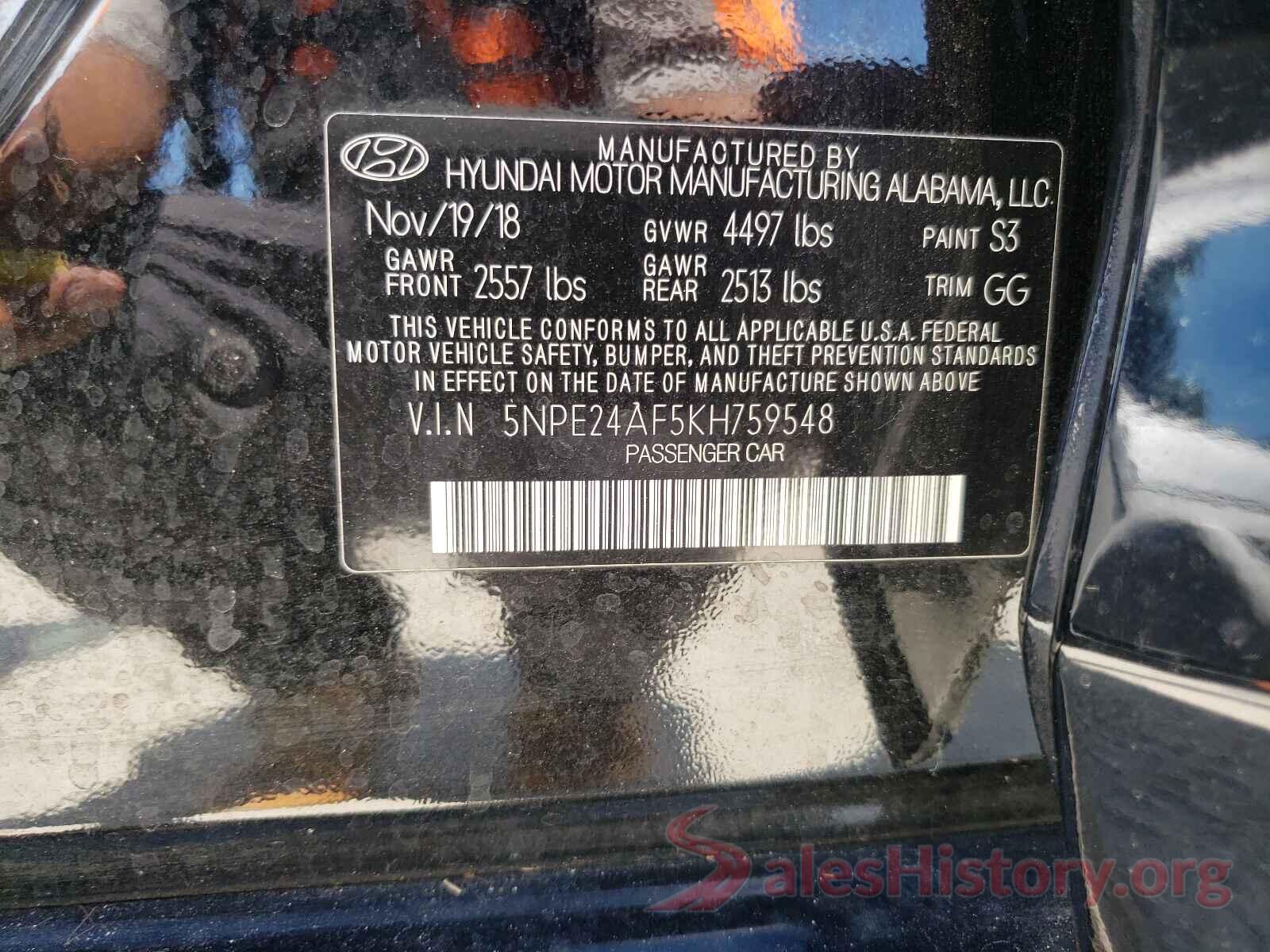 5NPE24AF5KH759548 2019 HYUNDAI SONATA