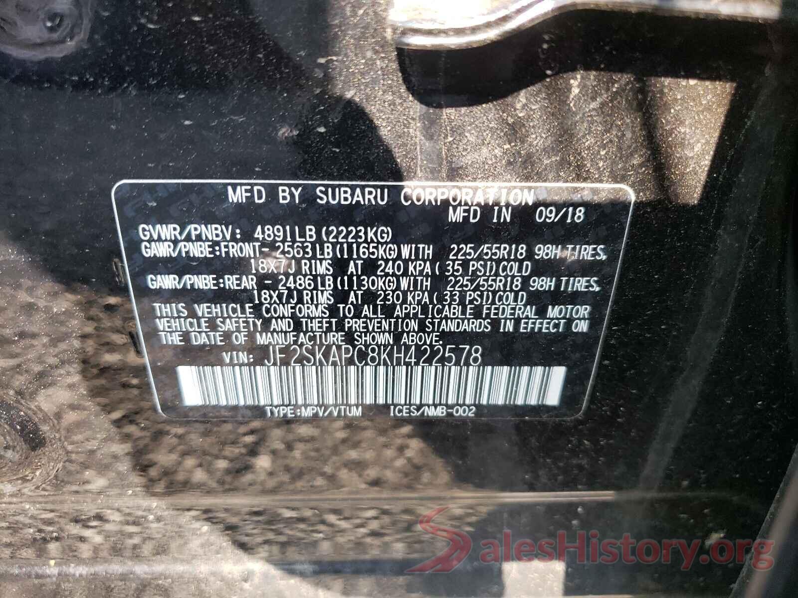 JF2SKAPC8KH422578 2019 SUBARU FORESTER