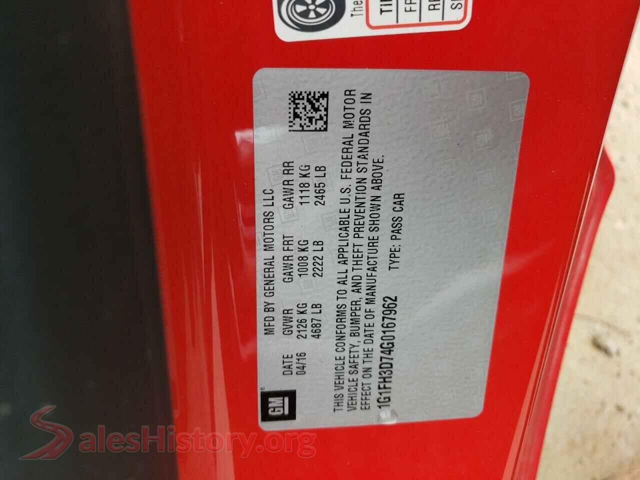 2016 CHEVROLET CAMARO VIN 1G1FH3D74G0167962, odometer mileage