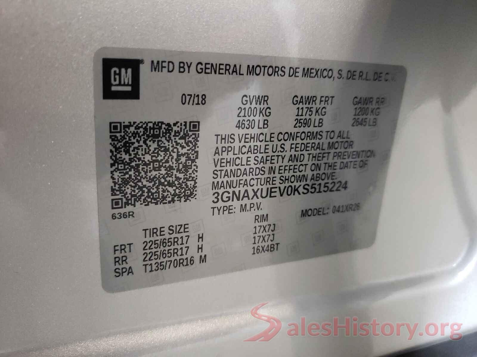 3GNAXUEV0KS515224 2019 CHEVROLET EQUINOX