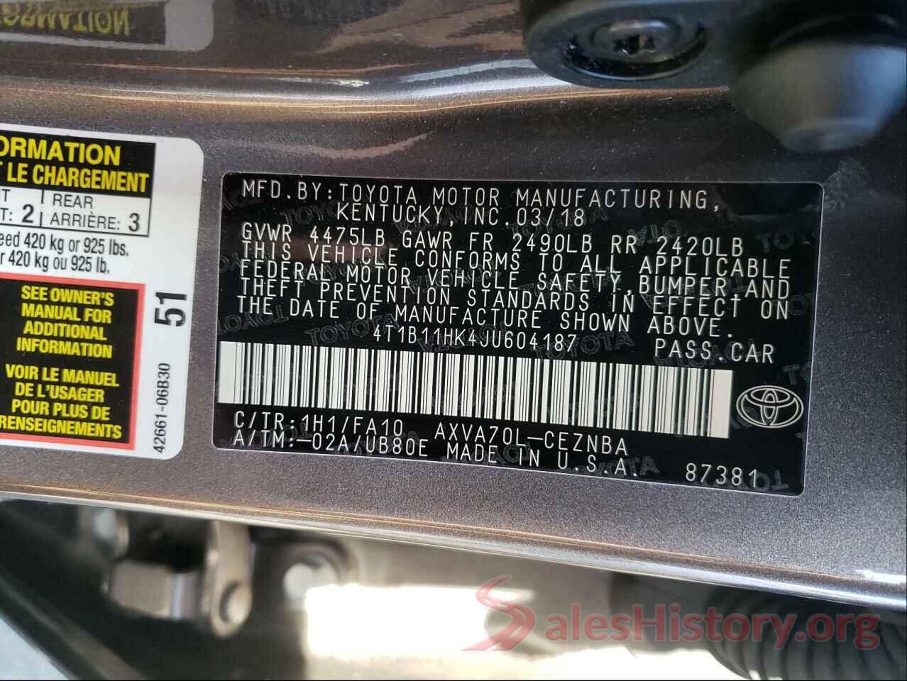 4T1B11HK4JU604187 2018 TOYOTA CAMRY