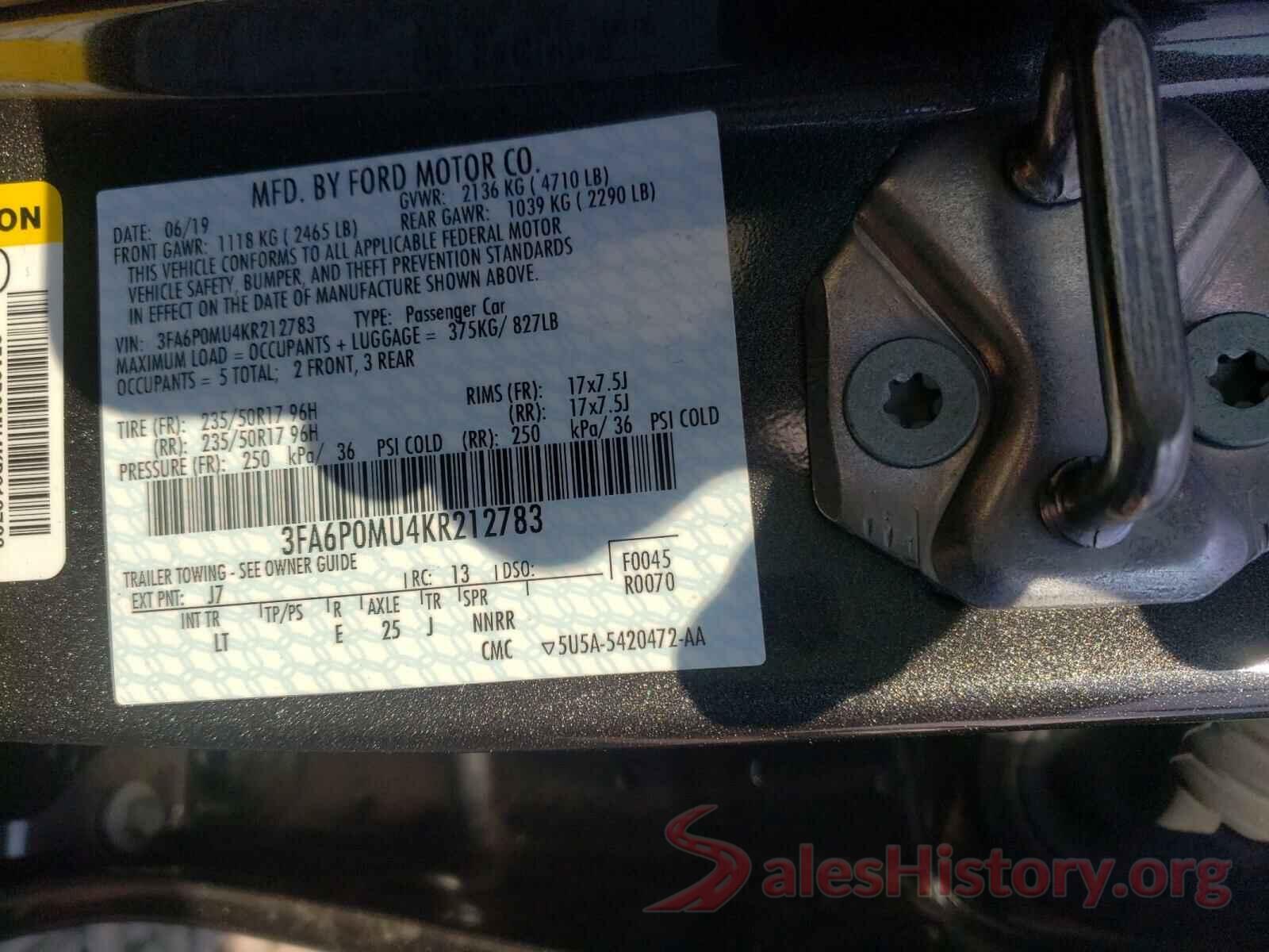 3FA6P0MU4KR212783 2019 FORD FUSION