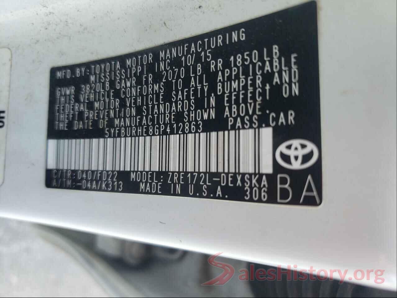 5YFBURHE8GP412863 2016 TOYOTA COROLLA