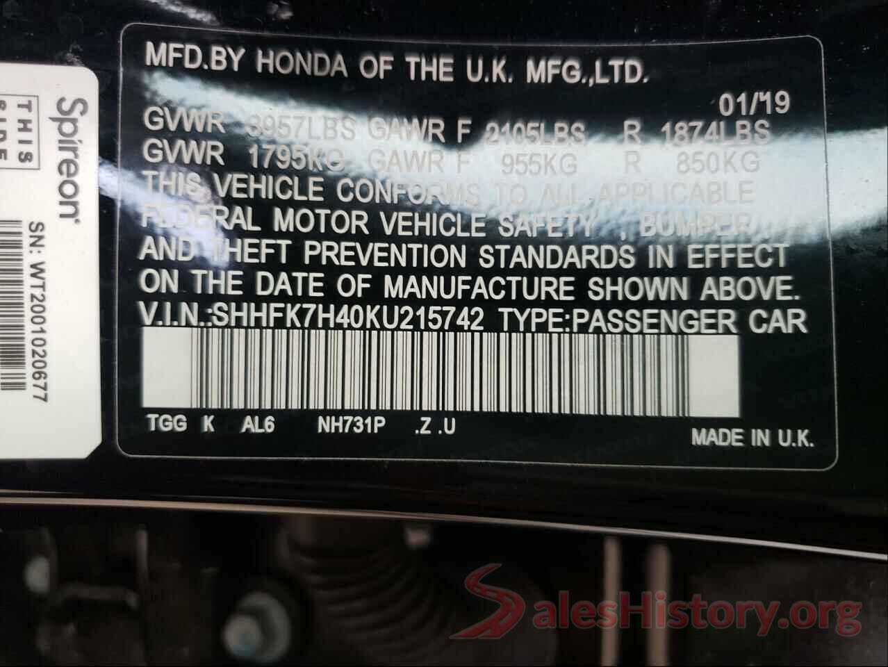 SHHFK7H40KU215742 2019 HONDA CIVIC