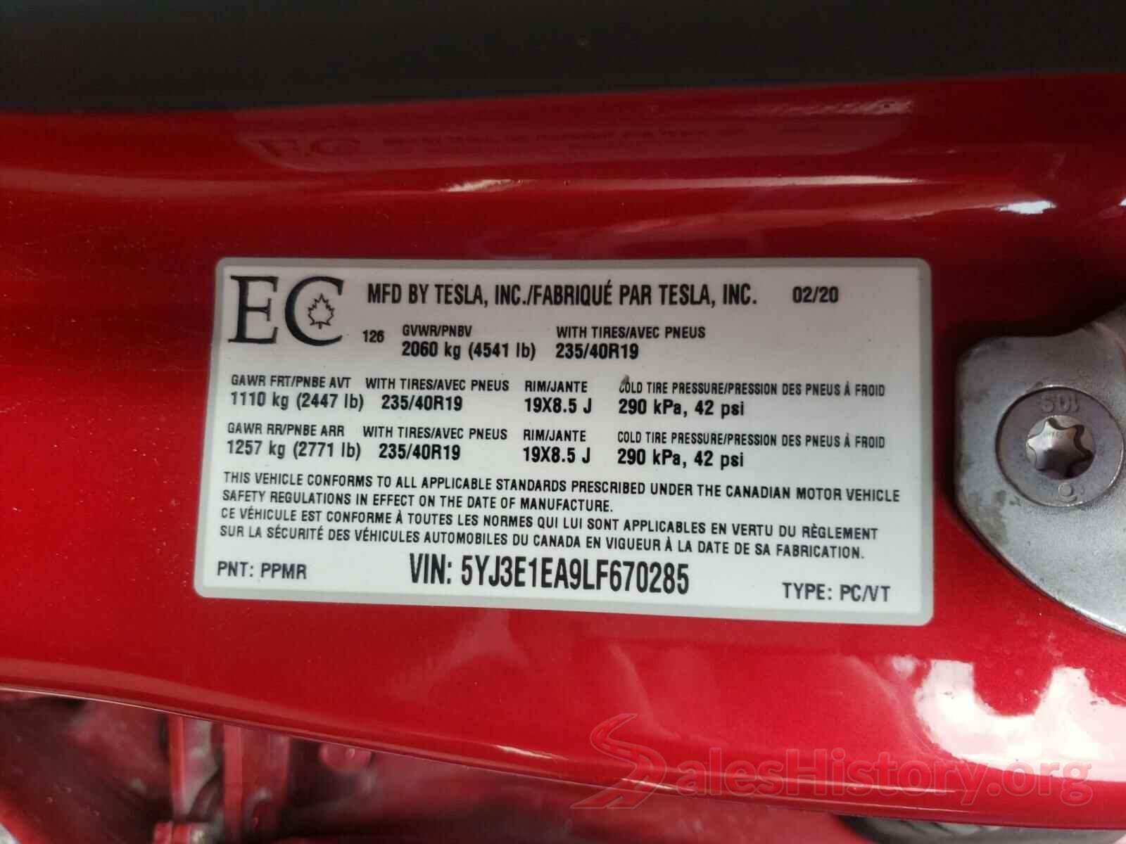 5YJ3E1EA9LF670285 2020 TESLA MODEL 3