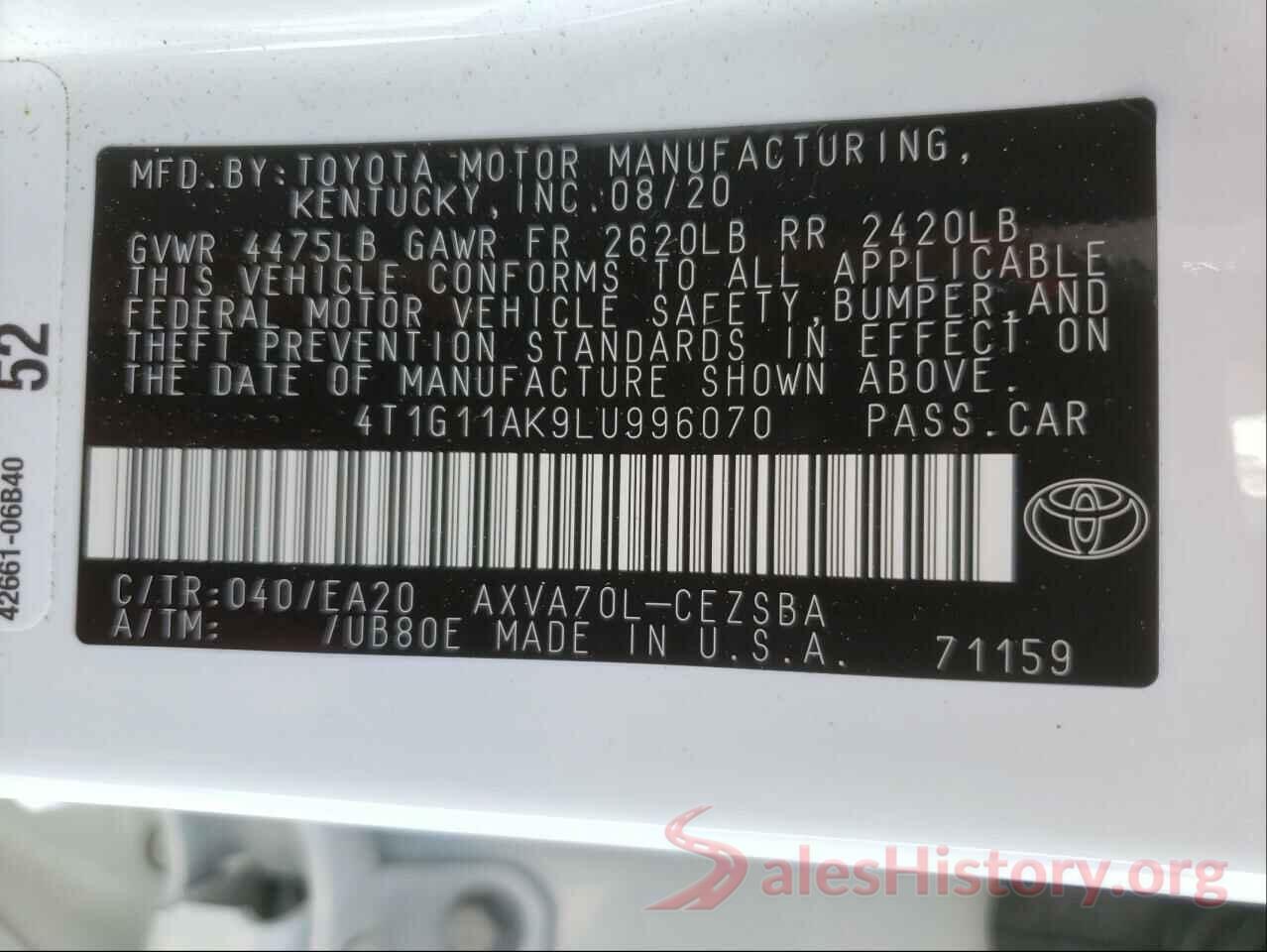 4T1G11AK9LU996070 2020 TOYOTA CAMRY