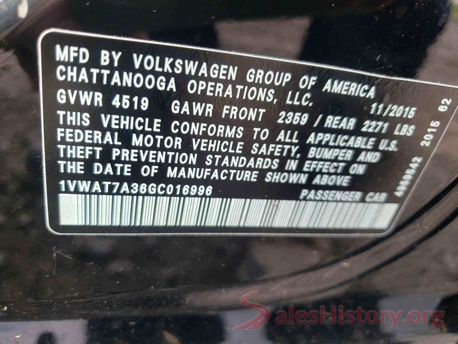 1VWAT7A36GC016996 2016 VOLKSWAGEN PASSAT